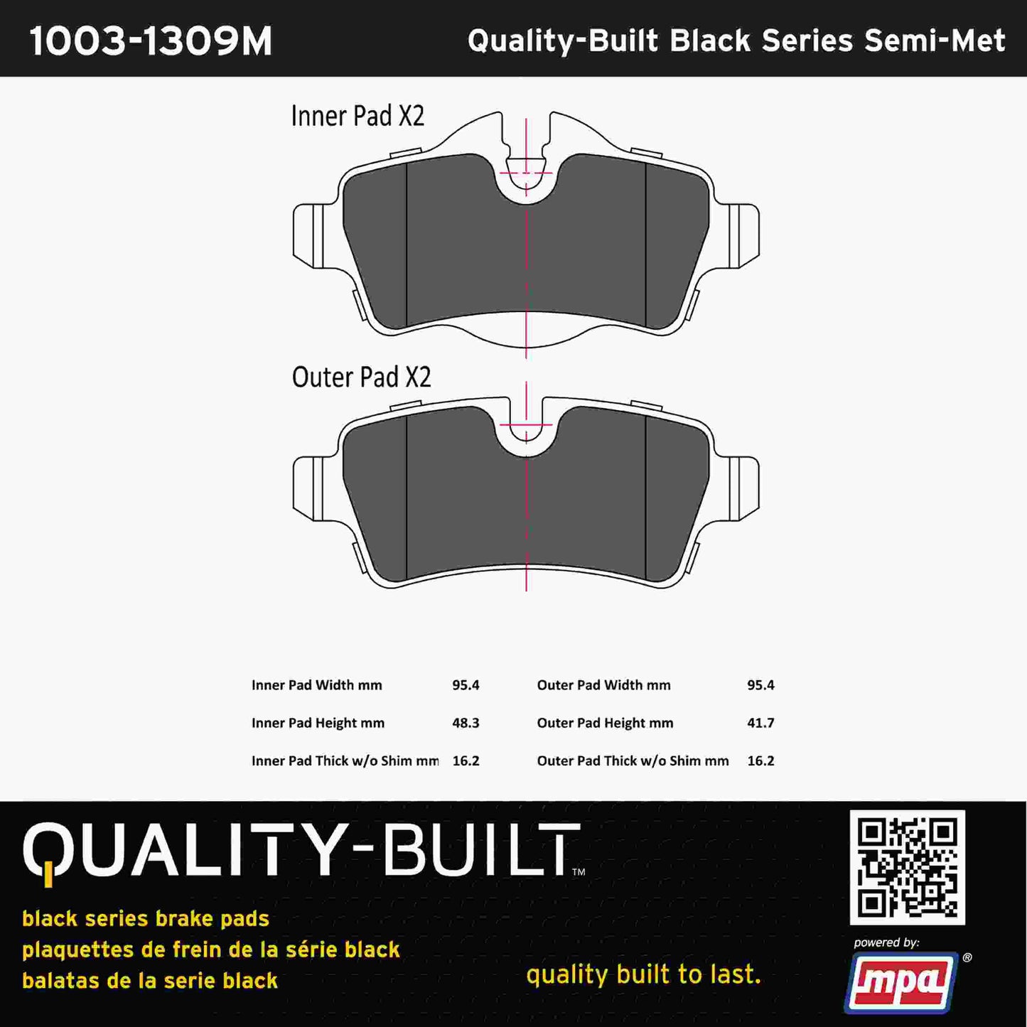 Quality-Built Black Series Semi-Metallic Brake Pads 1003-1309M