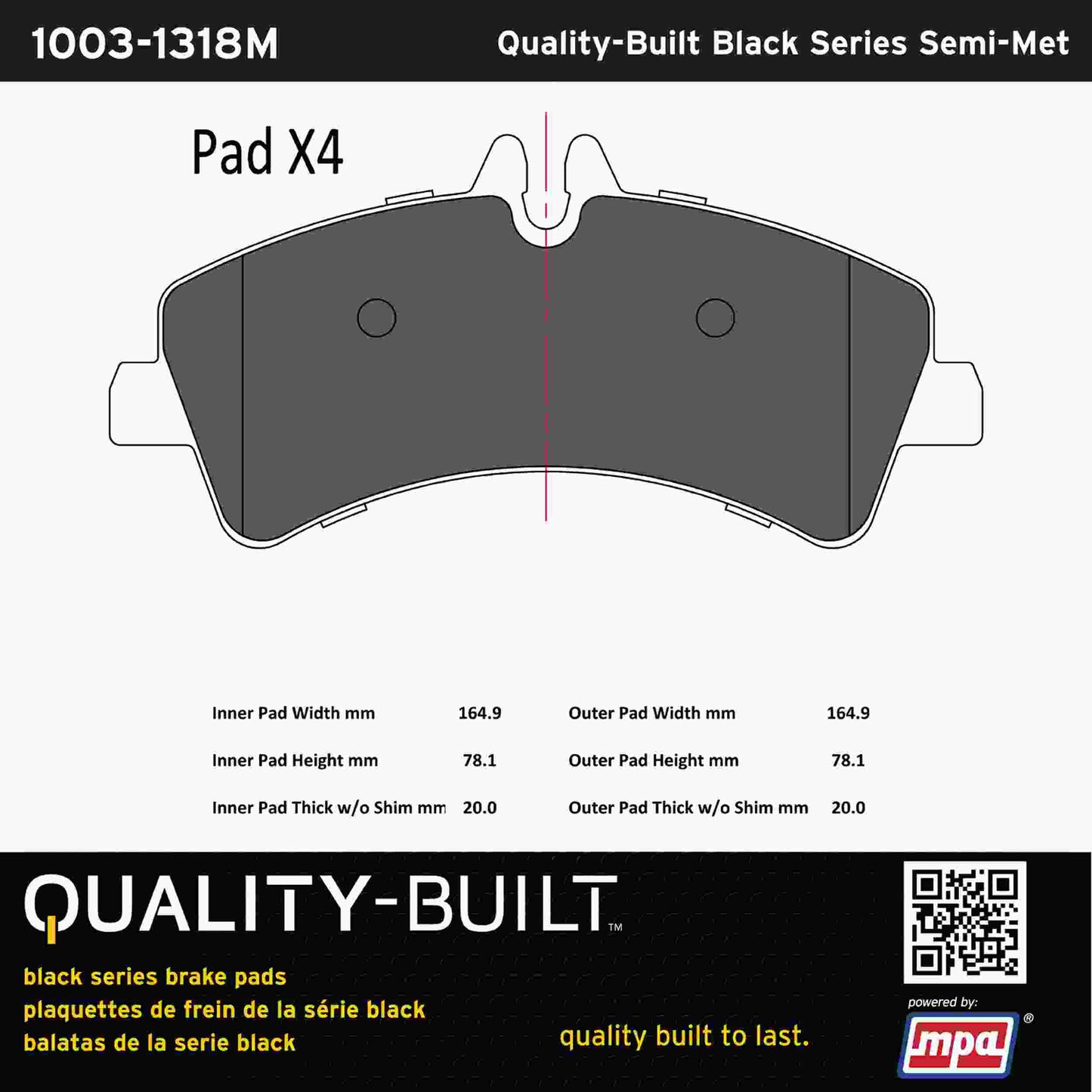 Quality-Built Black Series Semi-Metallic Brake Pads 1003-1318M