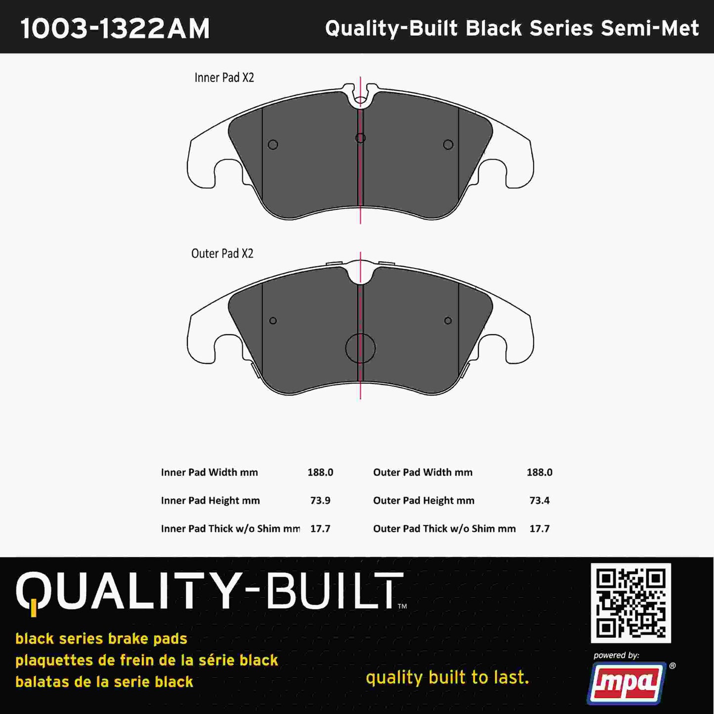 Quality-Built Black Series Semi-Metallic Brake Pads 1003-1322AM