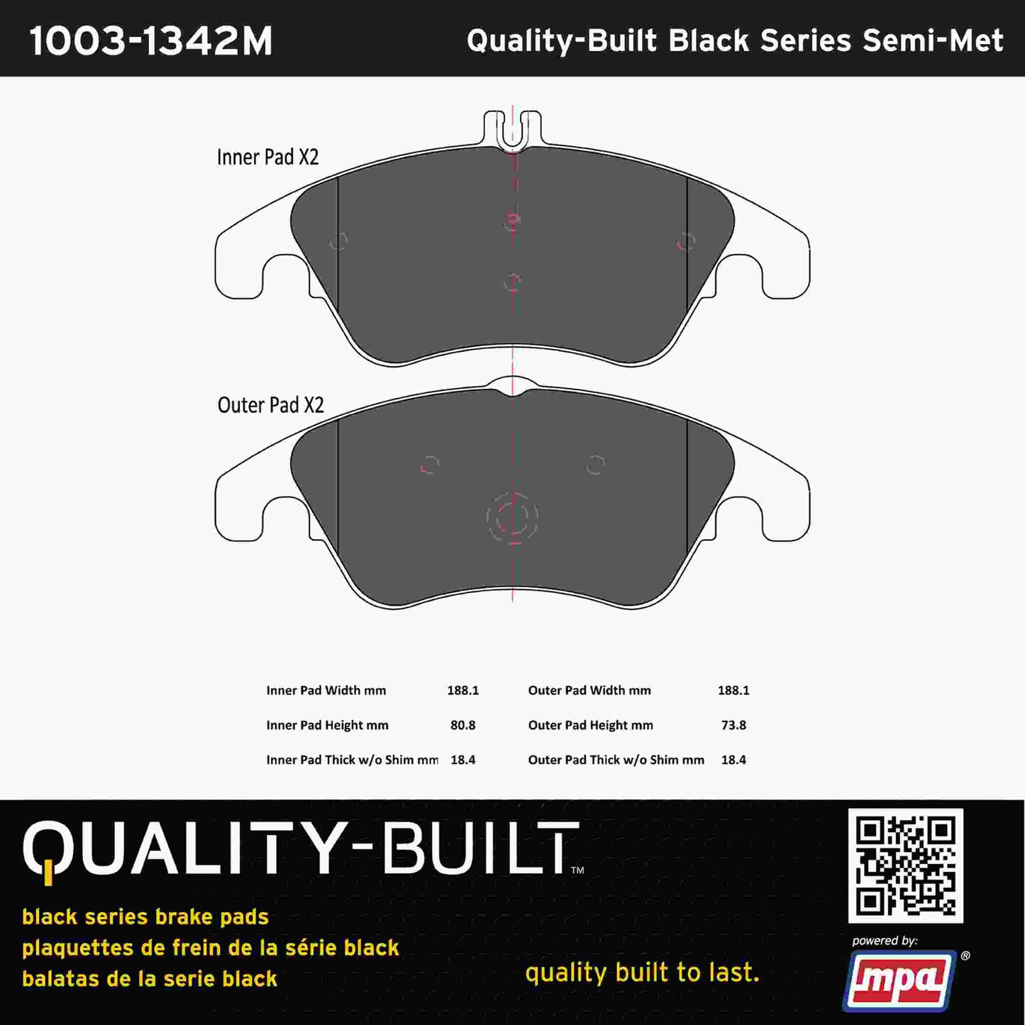 Quality-Built Black Series Semi-Metallic Brake Pads 1003-1342M