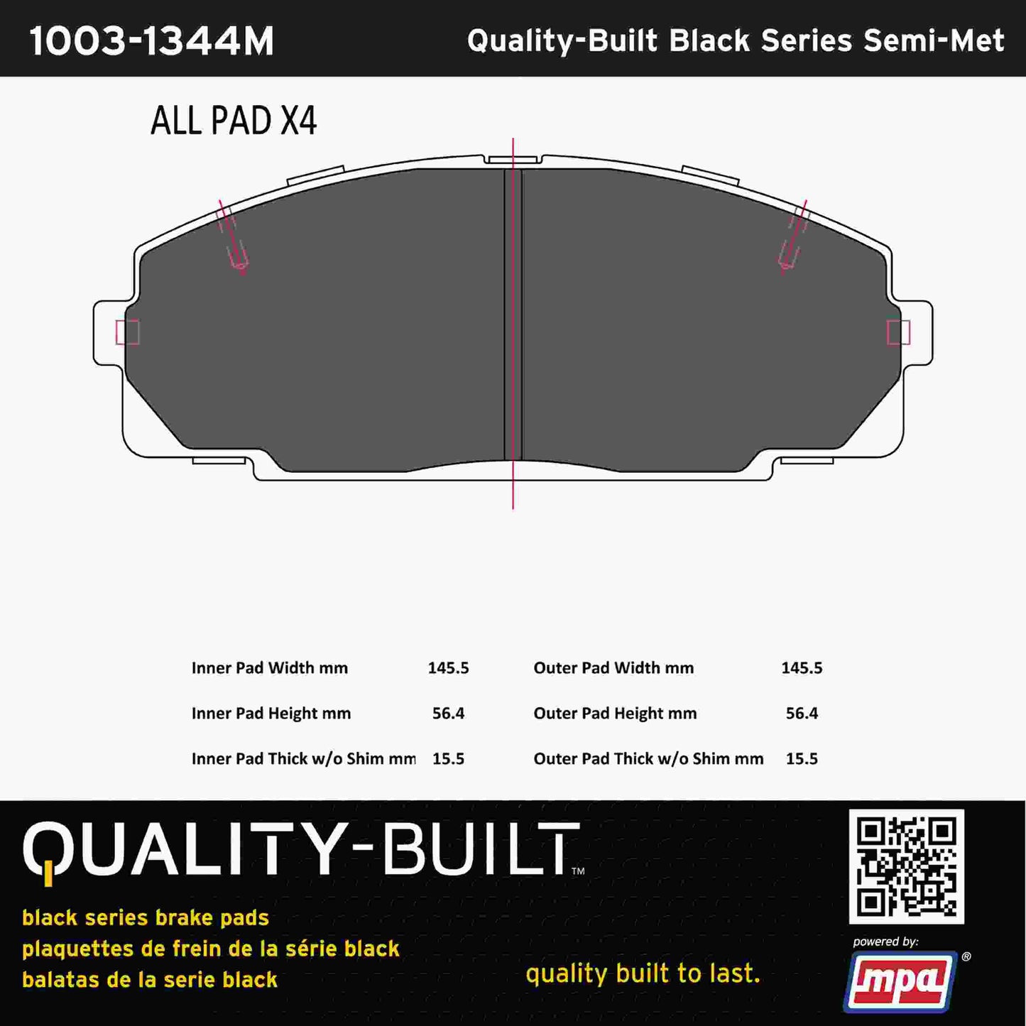 Quality-Built Black Series Semi-Metallic Brake Pads 1003-1344M