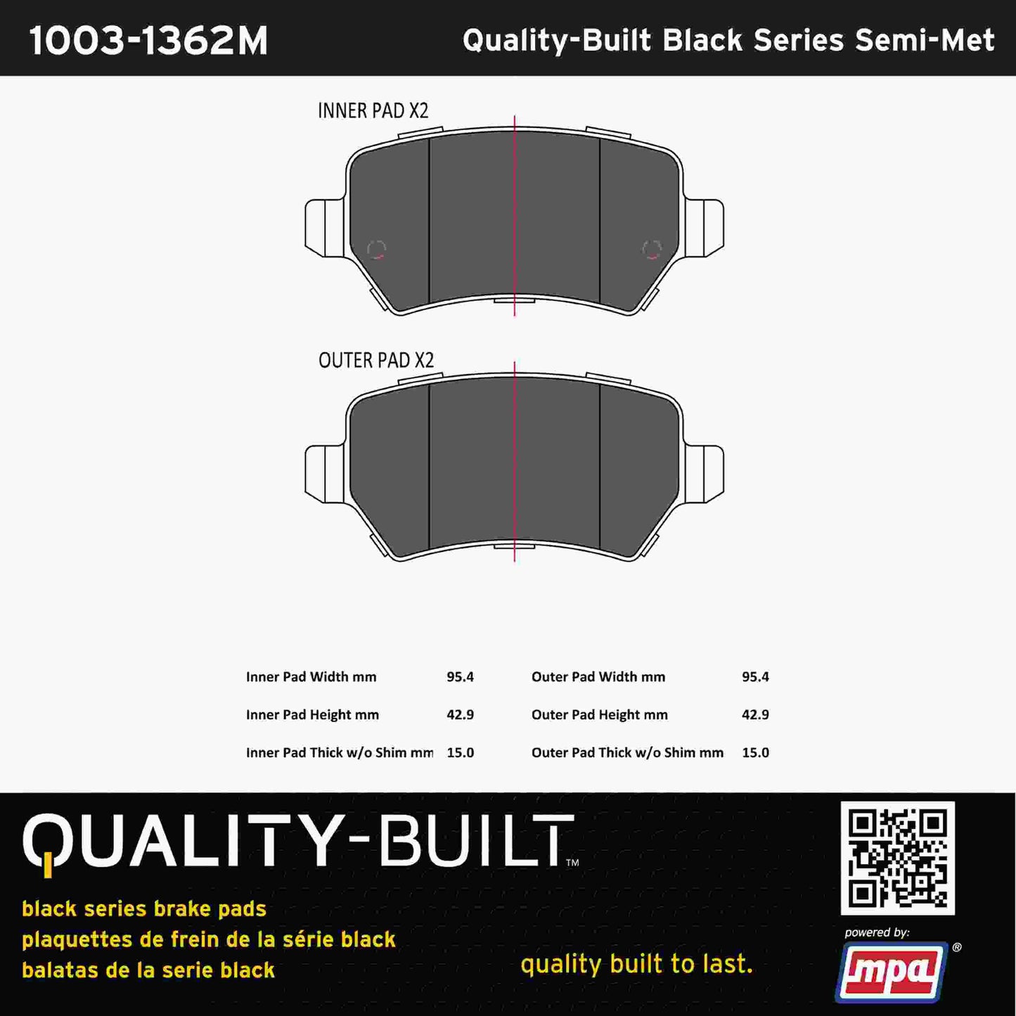 Quality-Built Black Series Semi-Metallic Brake Pads 1003-1362M