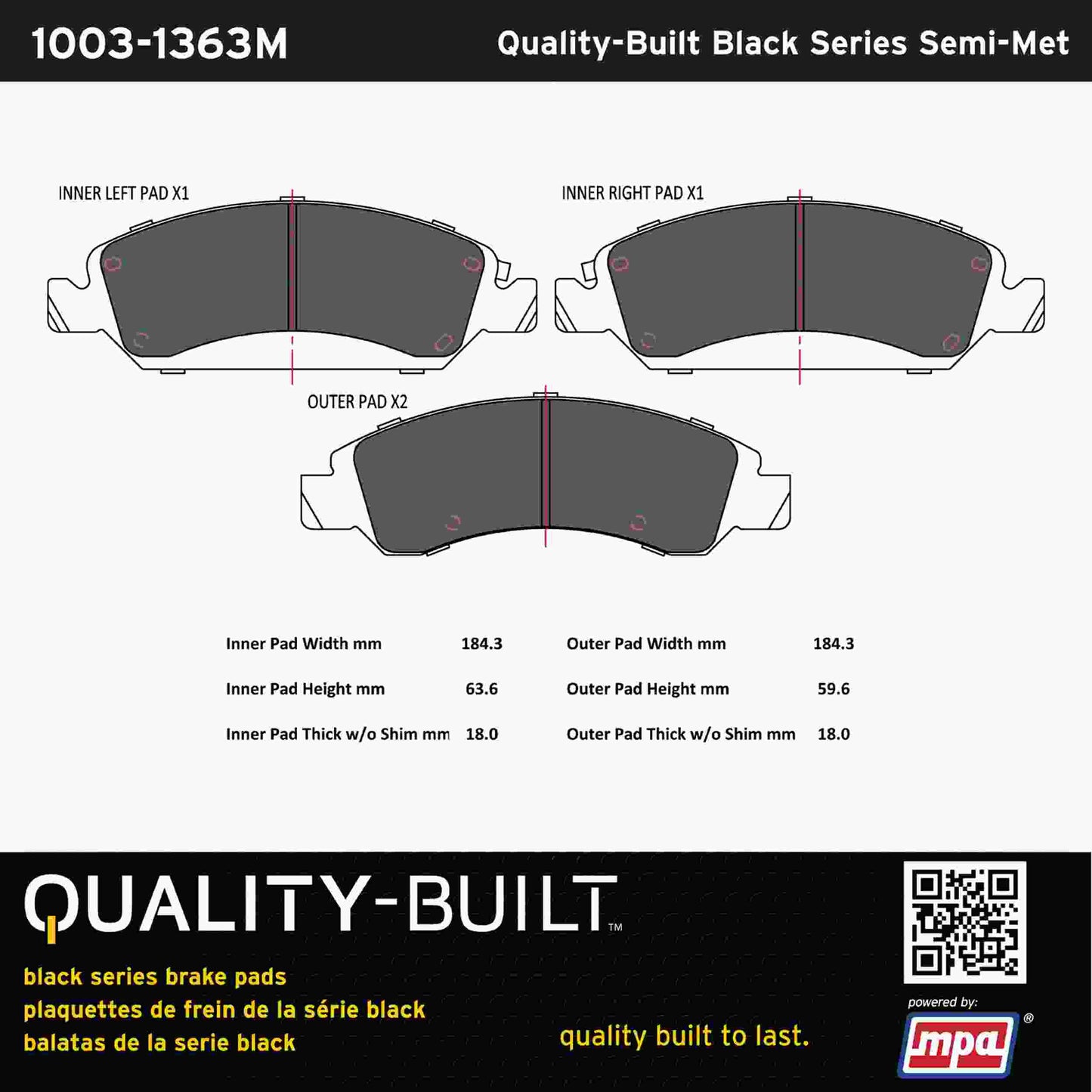 Quality-Built Black Series Semi-Metallic Brake Pads 1003-1363M
