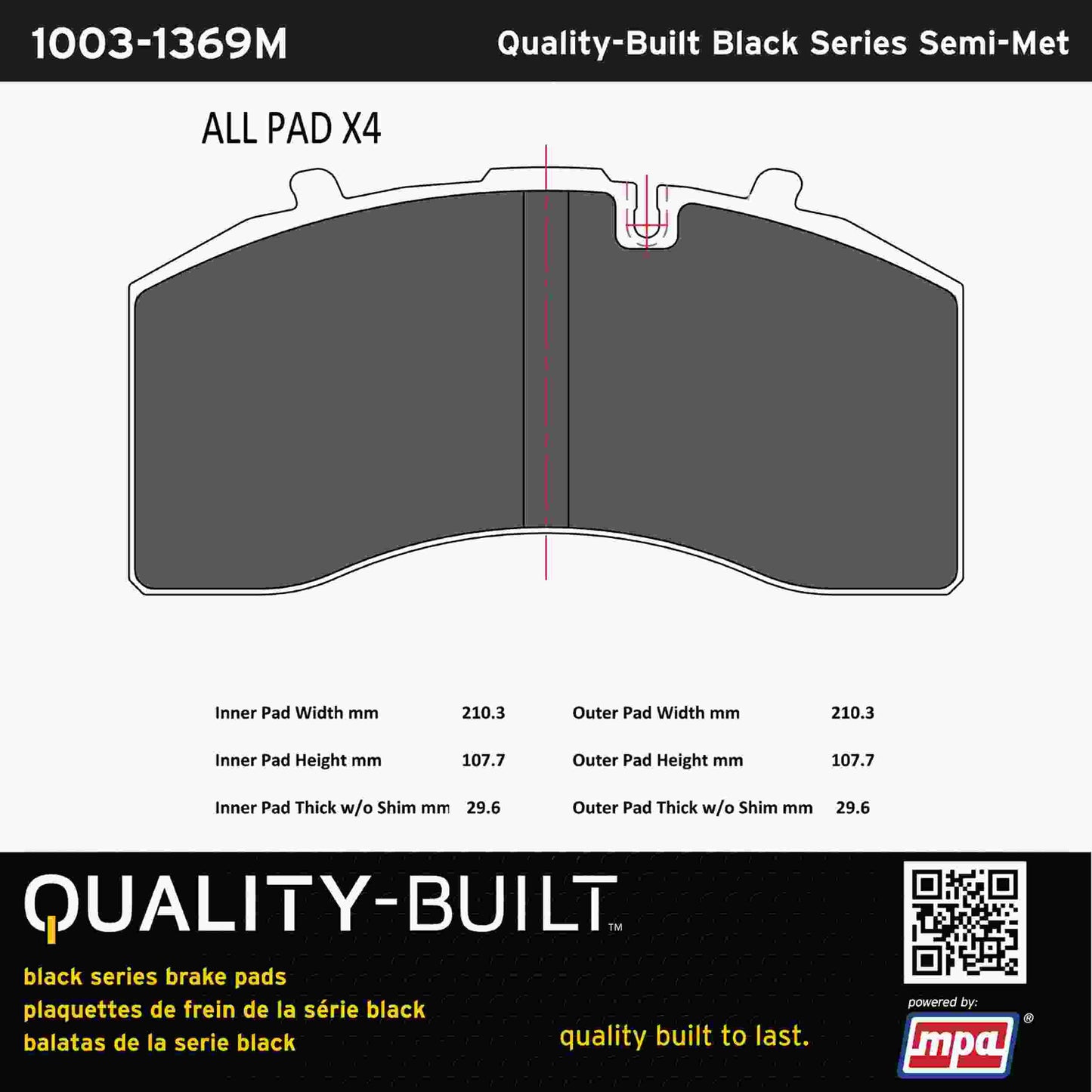 Quality-Built Black Series Semi-Metallic Brake Pads 1003-1369M