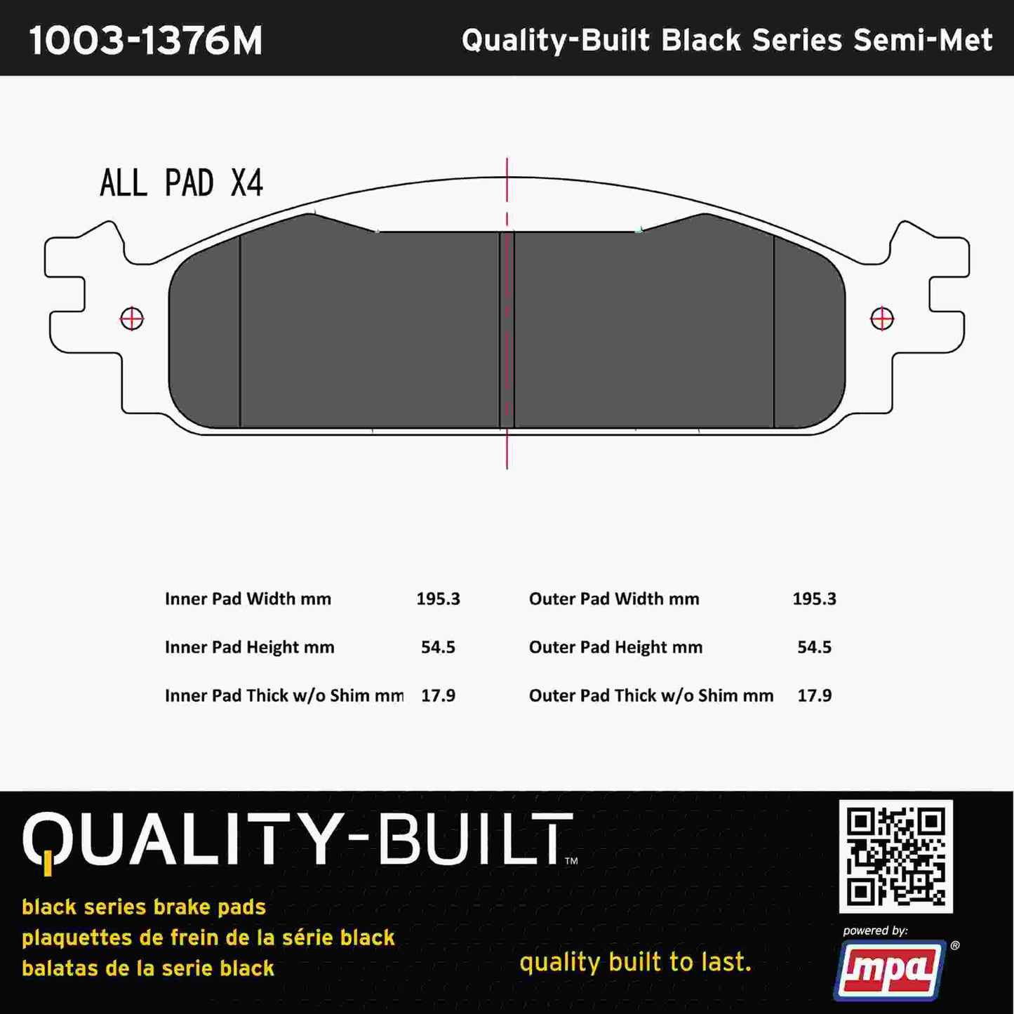Quality-Built Black Series Semi-Metallic Brake Pads 1003-1376M
