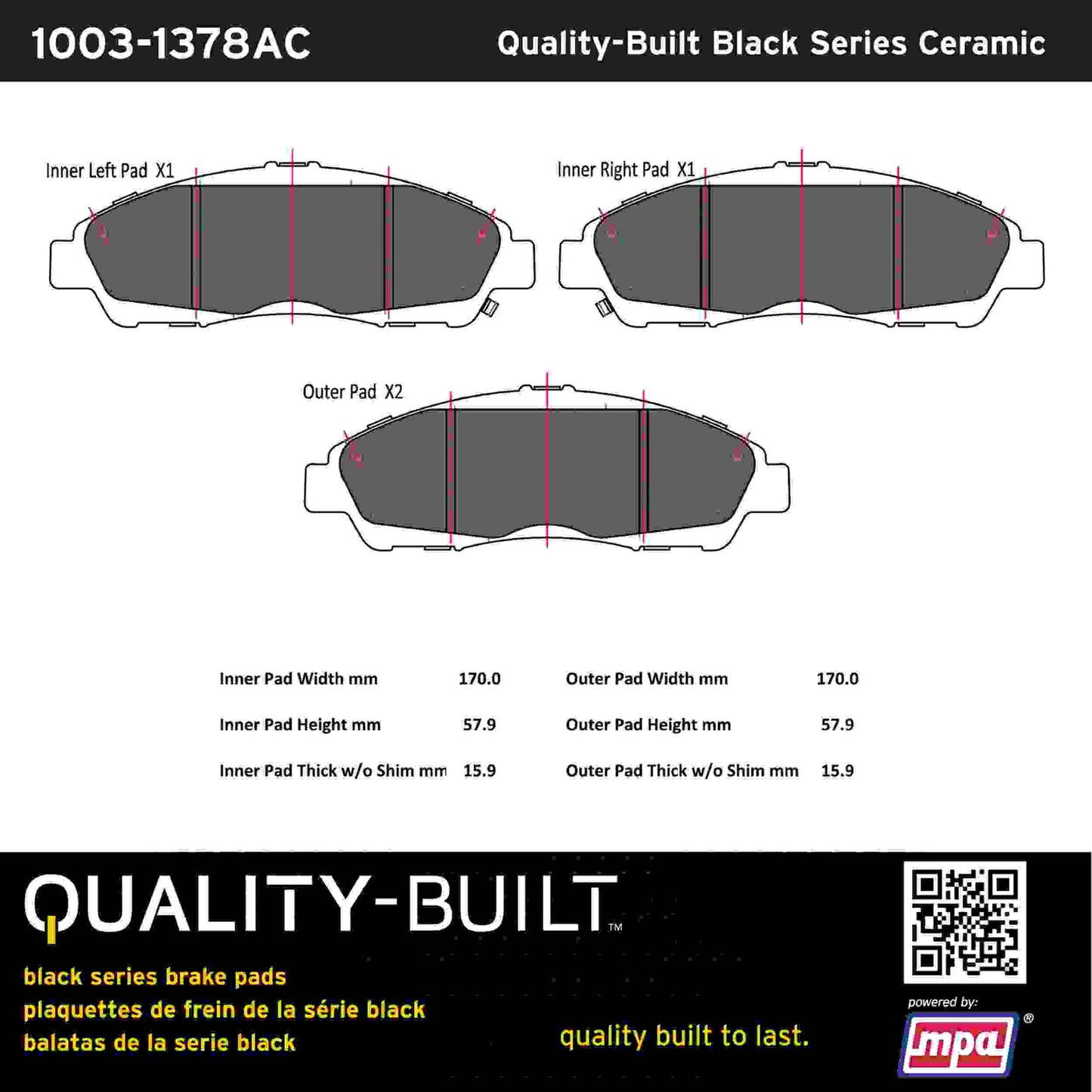 Quality-Built Black Series Ceramic Brake Pads 1003-1378AC