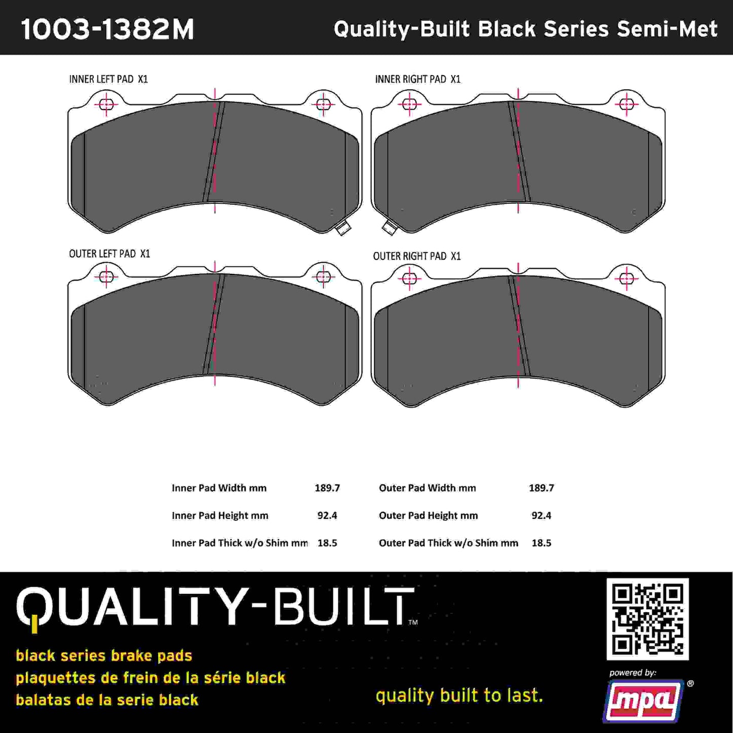 Quality-Built Black Series Semi-Metallic Brake Pads 1003-1382M