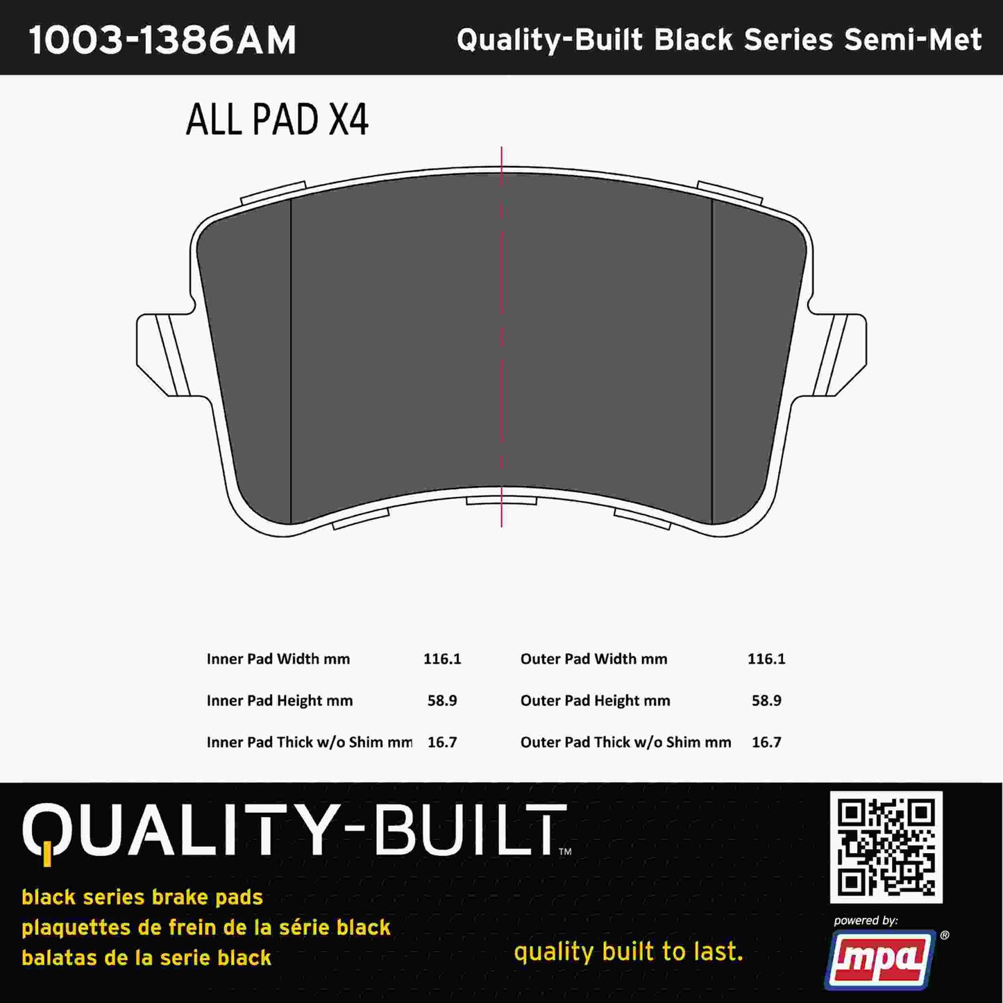 Quality-Built Black Series Semi-Metallic Brake Pads 1003-1386AM