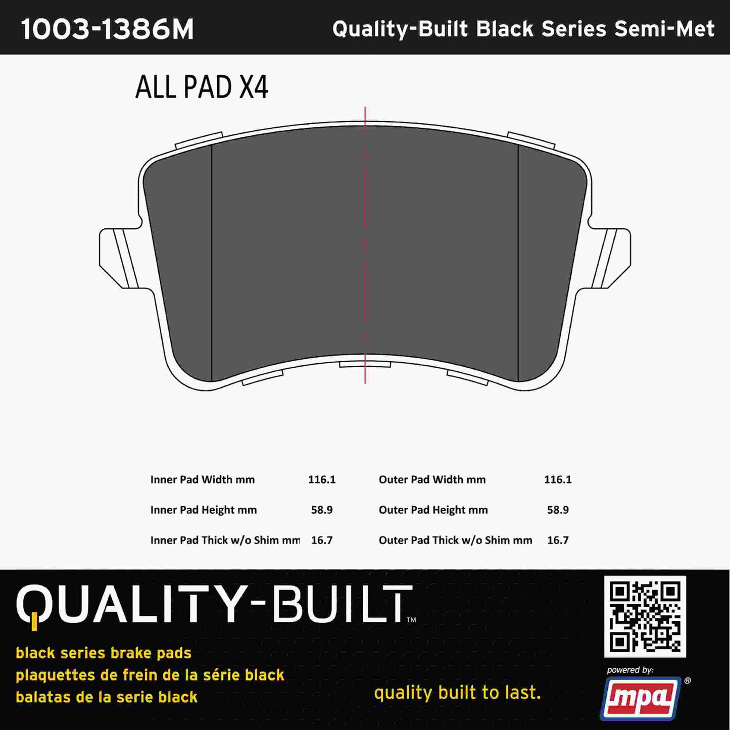 Quality-Built Black Series Semi-Metallic Brake Pads 1003-1386M
