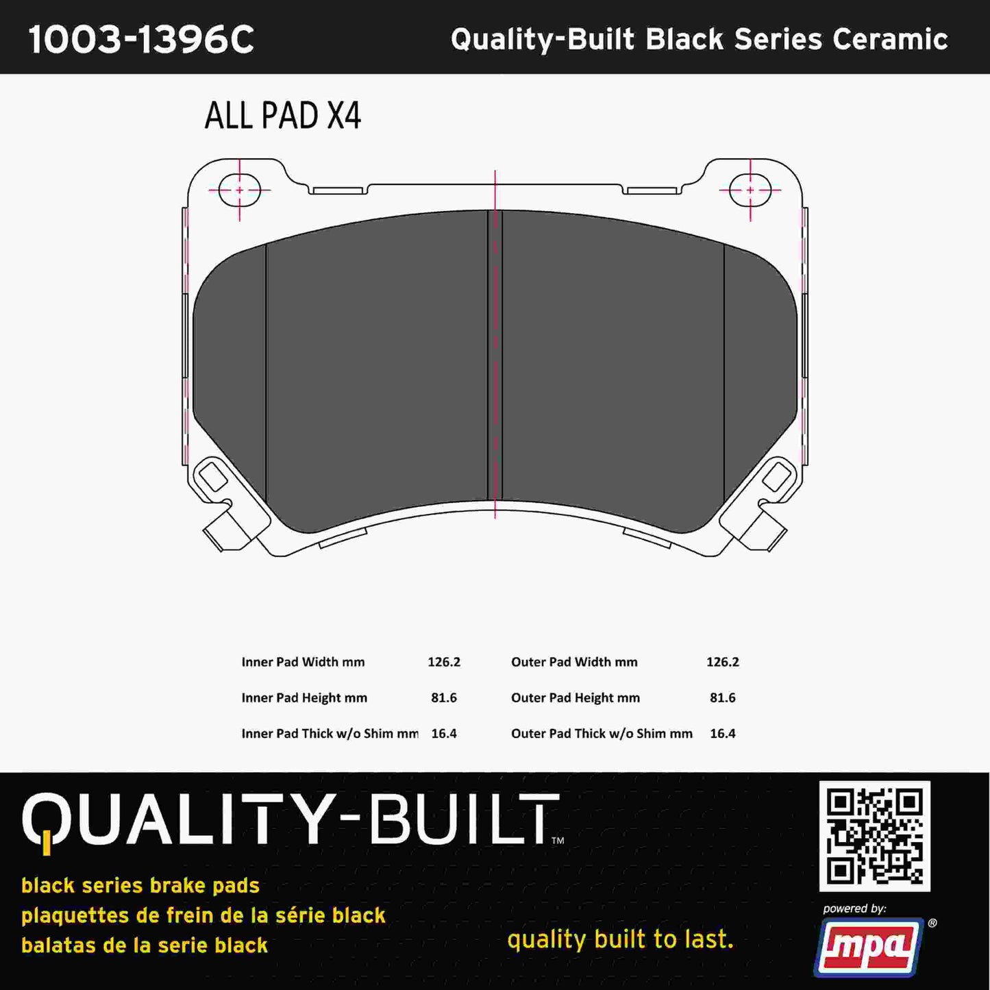 Quality-Built Black Series Ceramic Brake Pads 1003-1396C