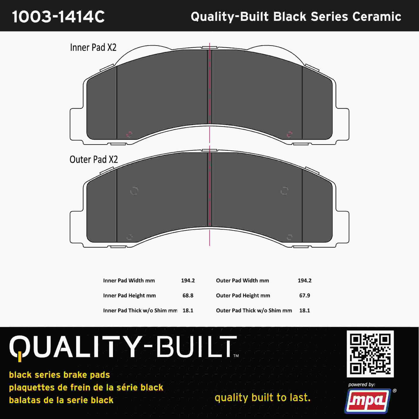 Quality-Built Black Series Ceramic Brake Pads 1003-1414C