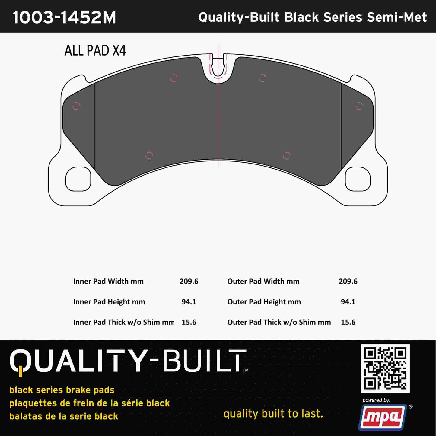 Quality-Built Black Series Semi-Metallic Brake Pads 1003-1452M