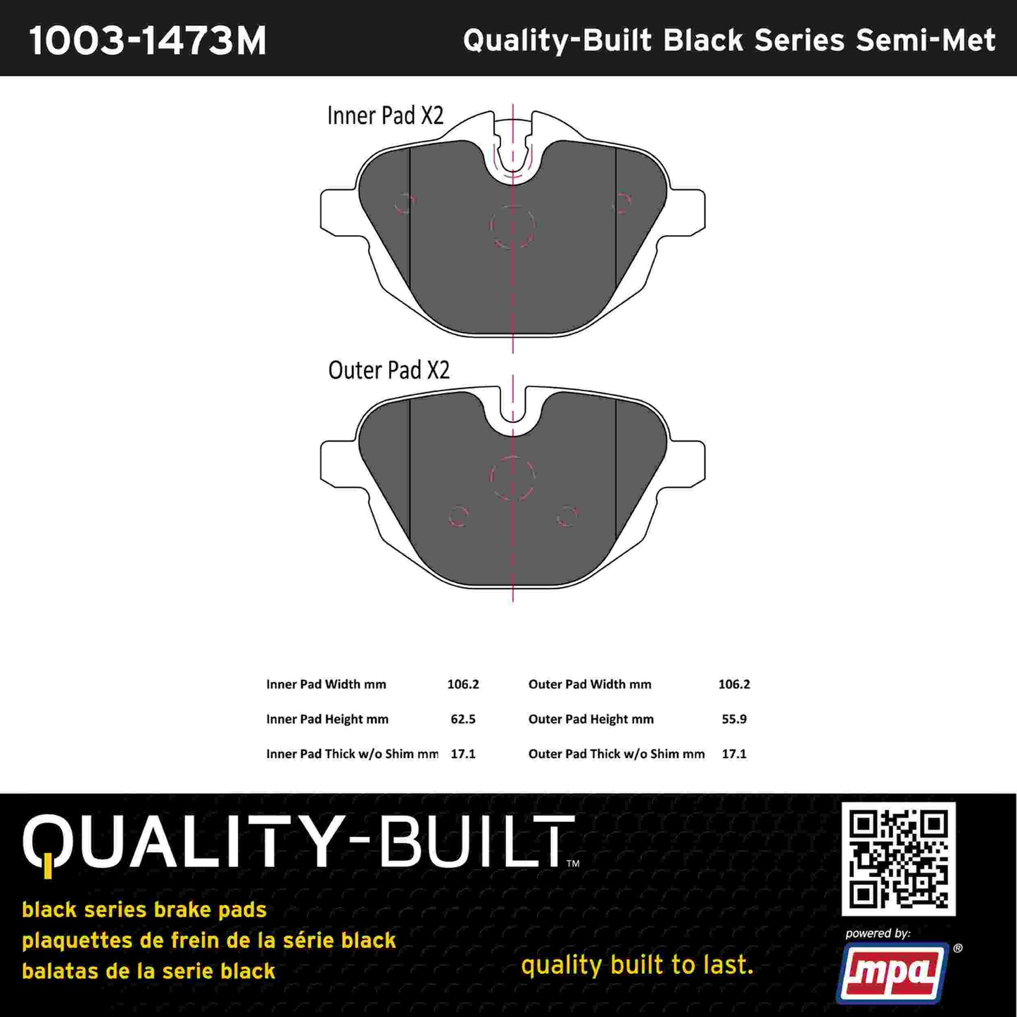 Quality-Built Black Series Semi-Metallic Brake Pads 1003-1473M