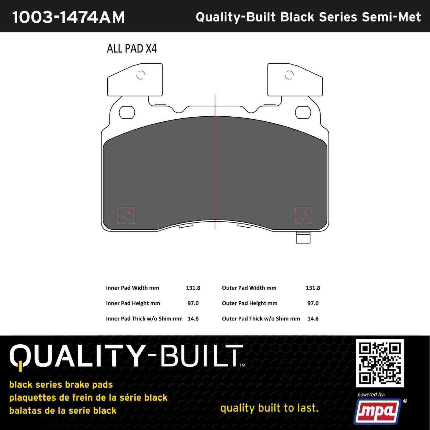 Quality-Built Black Series Semi-Metallic Brake Pads 1003-1474AM