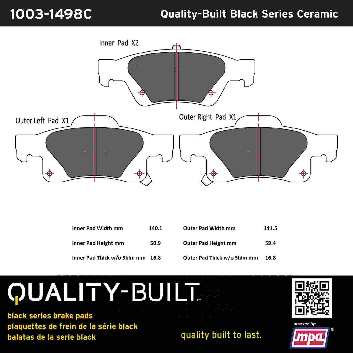 Quality-Built Black Series Ceramic Brake Pads 1003-1498C