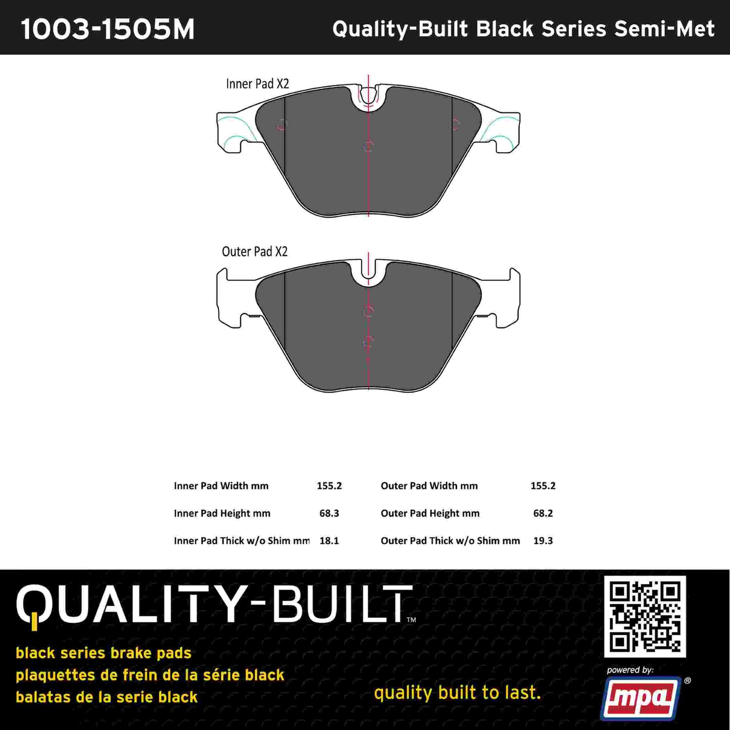 Quality-Built Black Series Semi-Metallic Brake Pads 1003-1505M