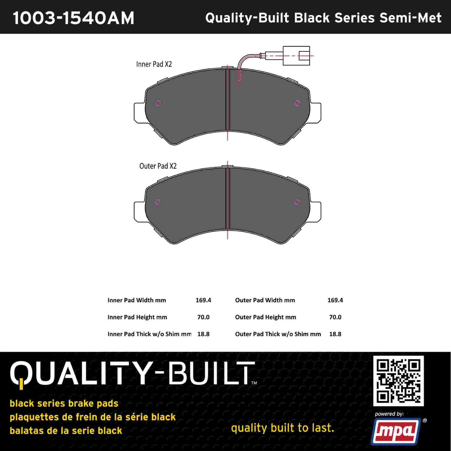 Quality-Built Black Series Semi-Metallic Brake Pads 1003-1540AM