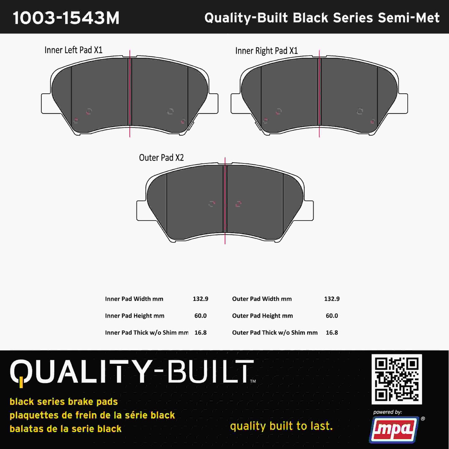 Quality-Built Black Series Semi-Metallic Brake Pads 1003-1543M