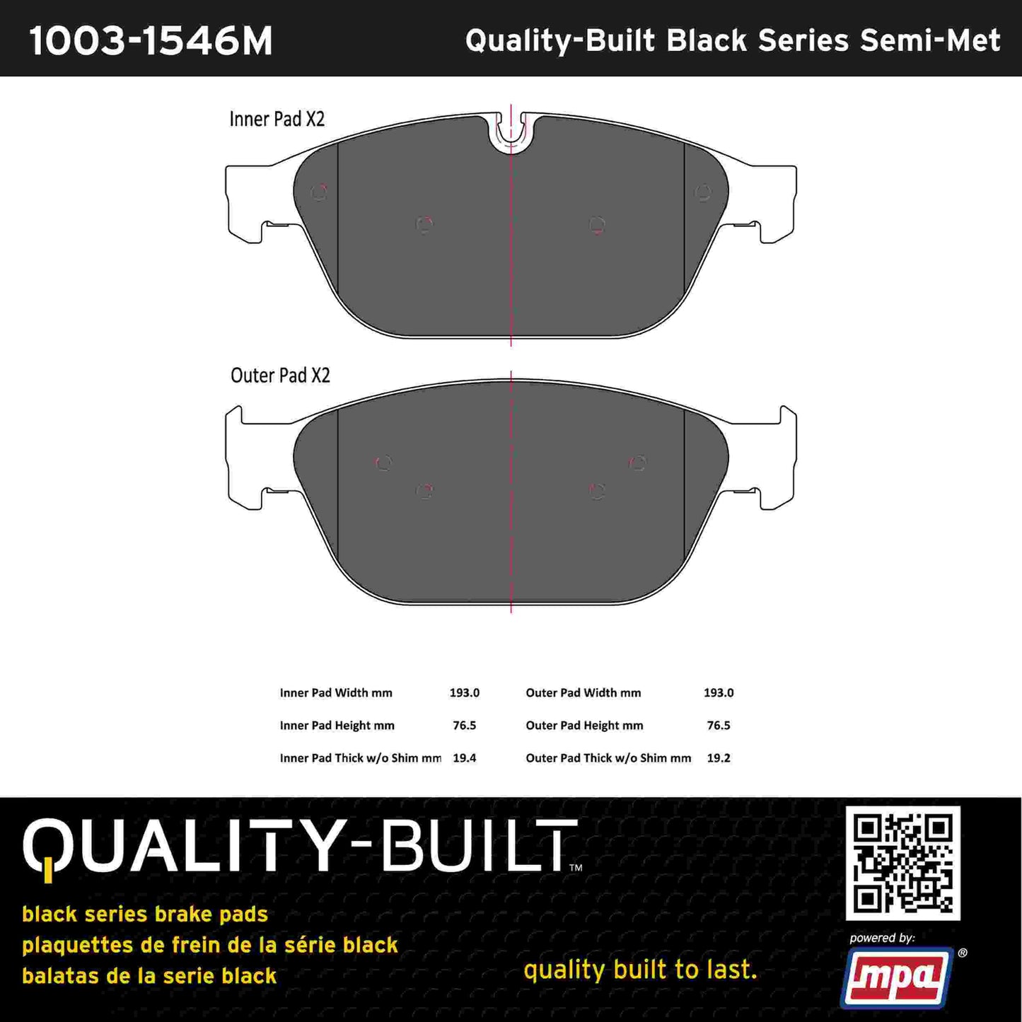 Quality-Built Black Series Semi-Metallic Brake Pads 1003-1546M