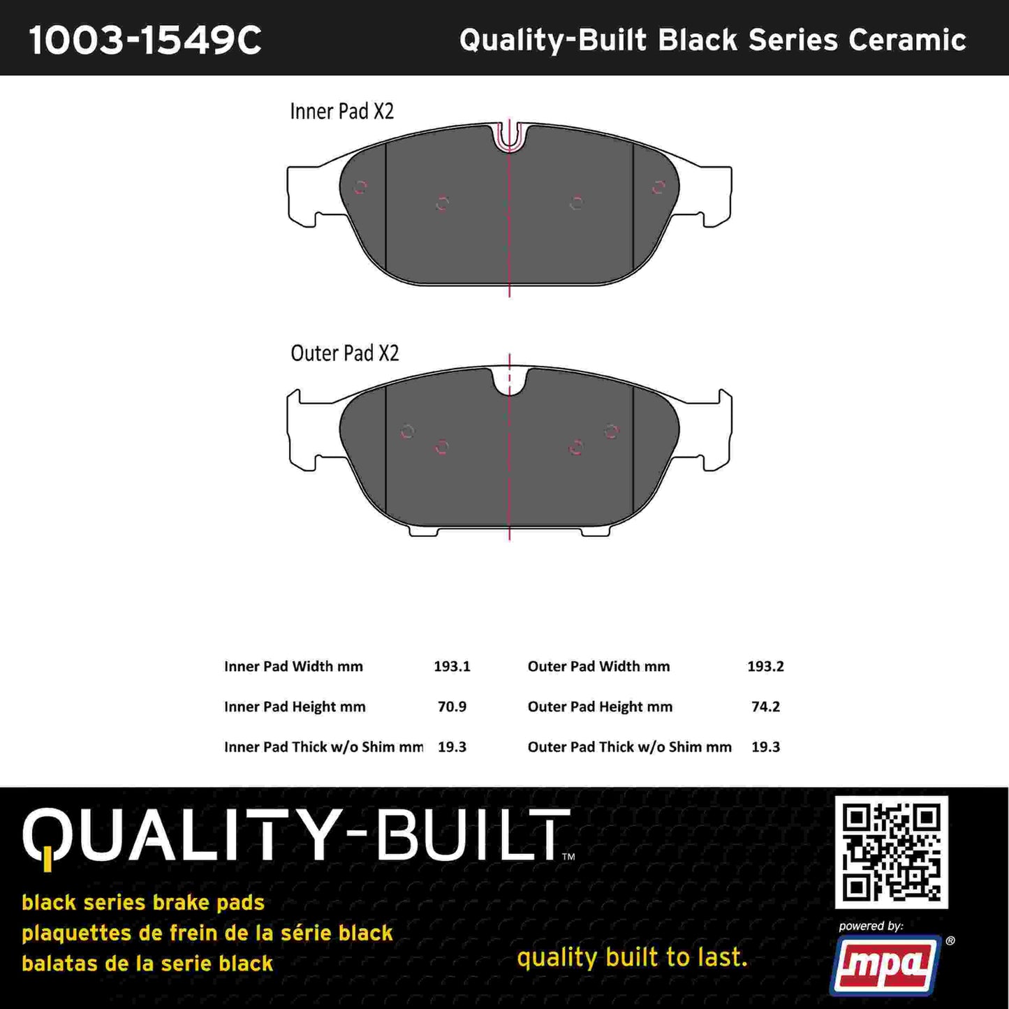 Quality-Built Black Series Ceramic Brake Pads 1003-1549C
