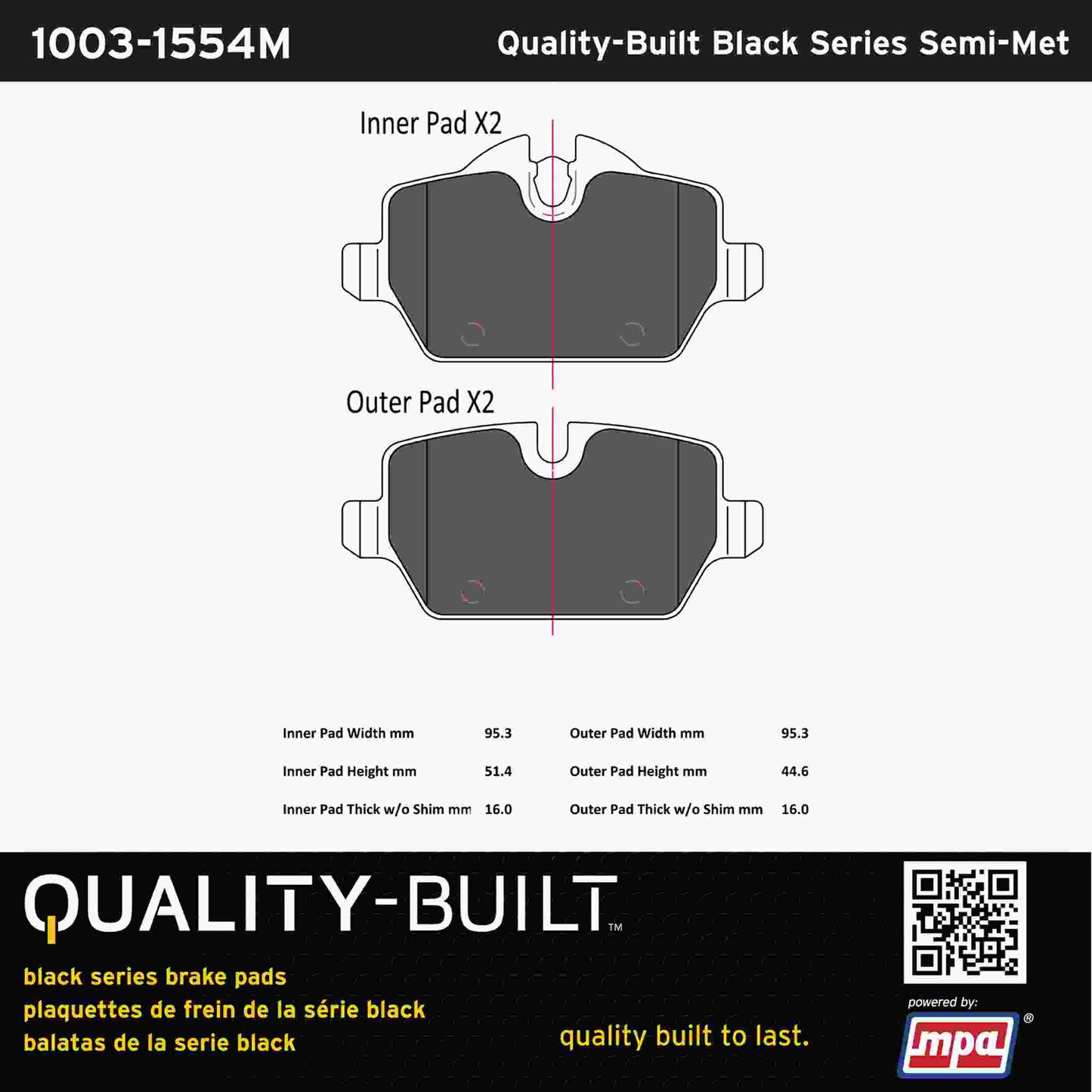Quality-Built Black Series Semi-Metallic Brake Pads 1003-1554M
