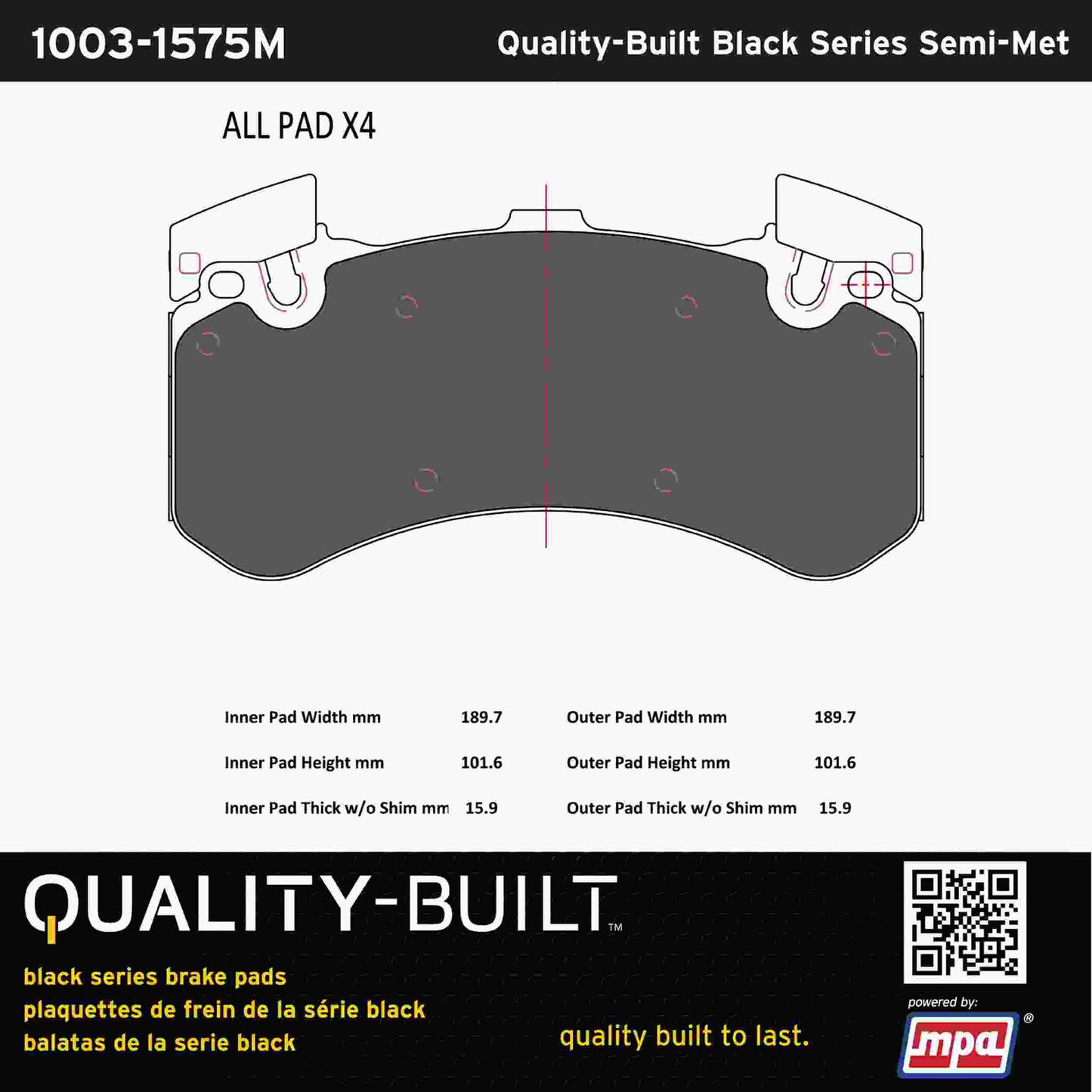 Quality-Built Black Series Semi-Metallic Brake Pads 1003-1575M