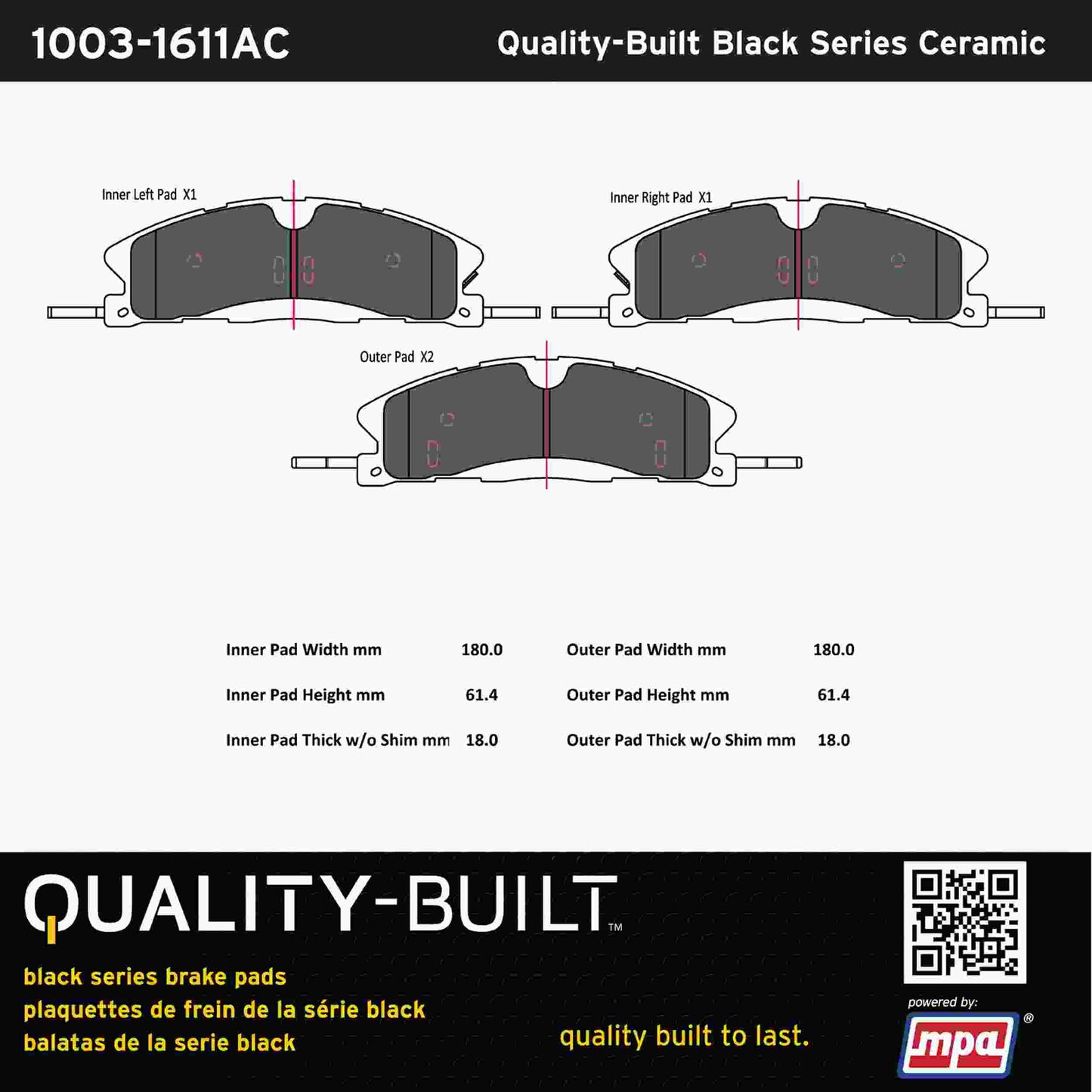Quality-Built Black Series Ceramic Brake Pads 1003-1611AC