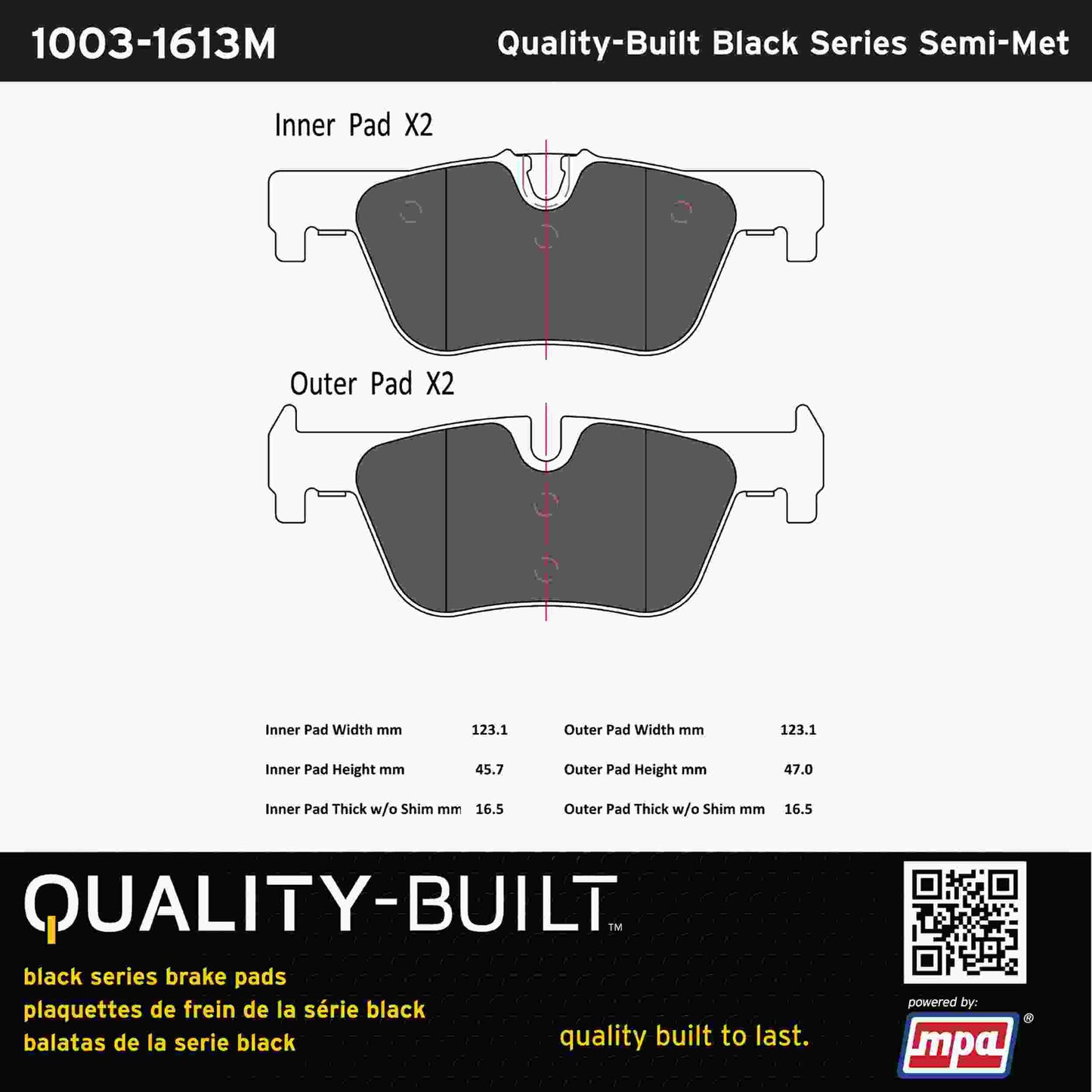 Quality-Built Black Series Semi-Metallic Brake Pads 1003-1613M