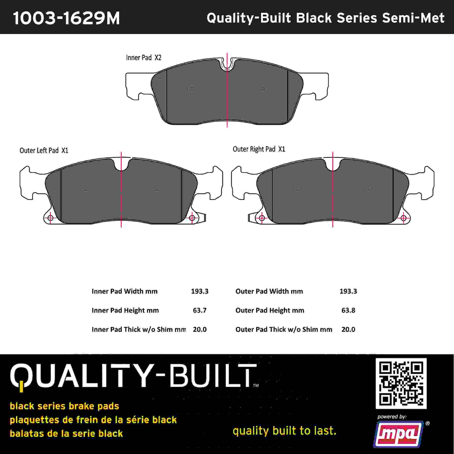 Quality-Built Black Series Semi-Metallic Brake Pads 1003-1629M