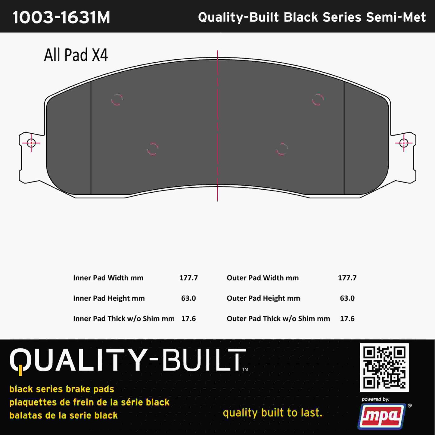 Quality-Built Black Series Semi-Metallic Brake Pads 1003-1631M