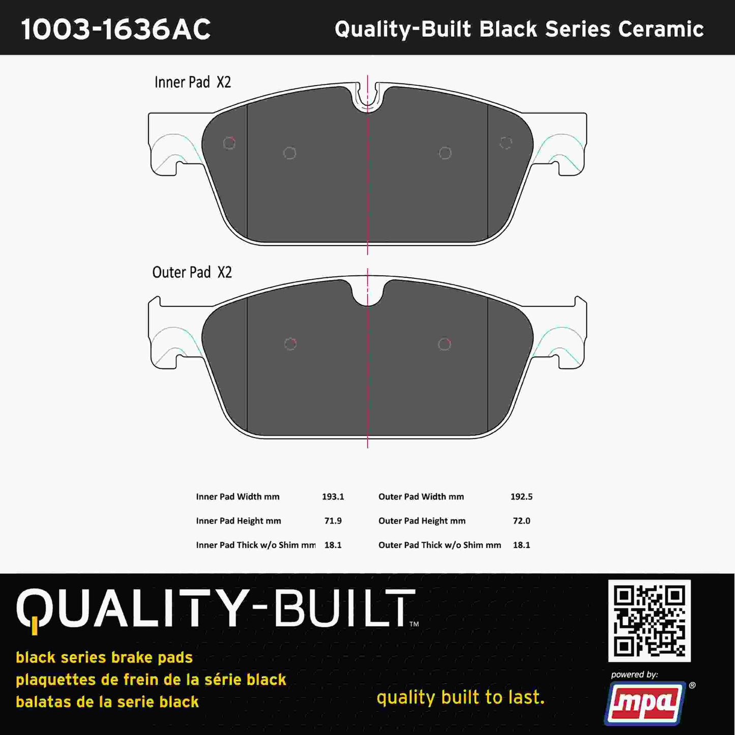 Quality-Built Black Series Ceramic Brake Pads 1003-1636AC