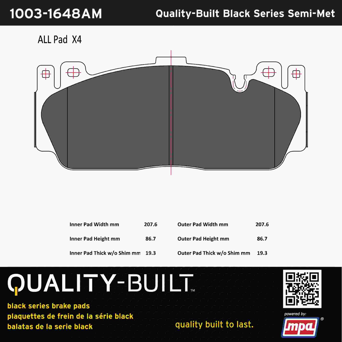 Quality-Built Black Series Semi-Metallic Brake Pads 1003-1648AM