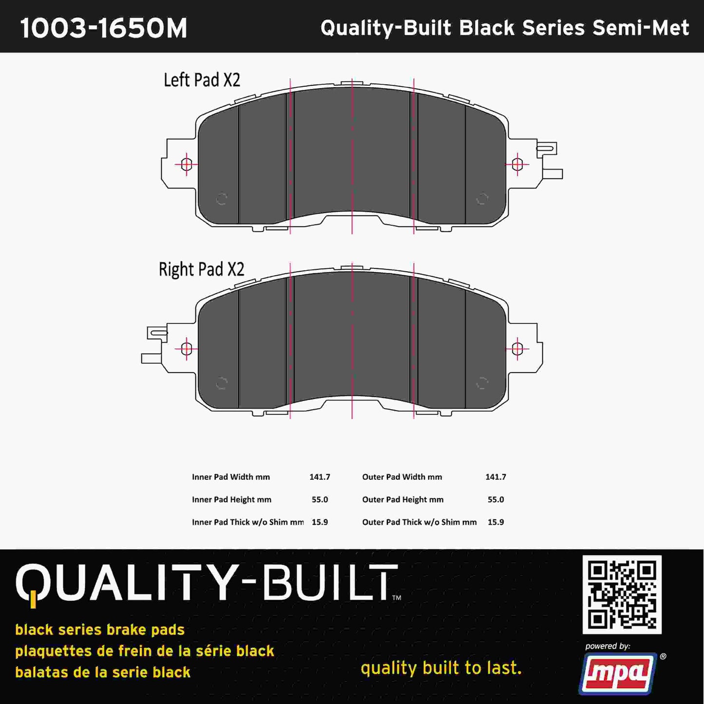 Quality-Built Black Series Semi-Metallic Brake Pads 1003-1650M