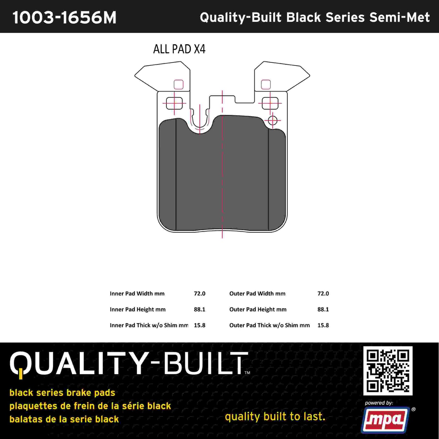 Quality-Built Black Series Semi-Metallic Brake Pads 1003-1656M