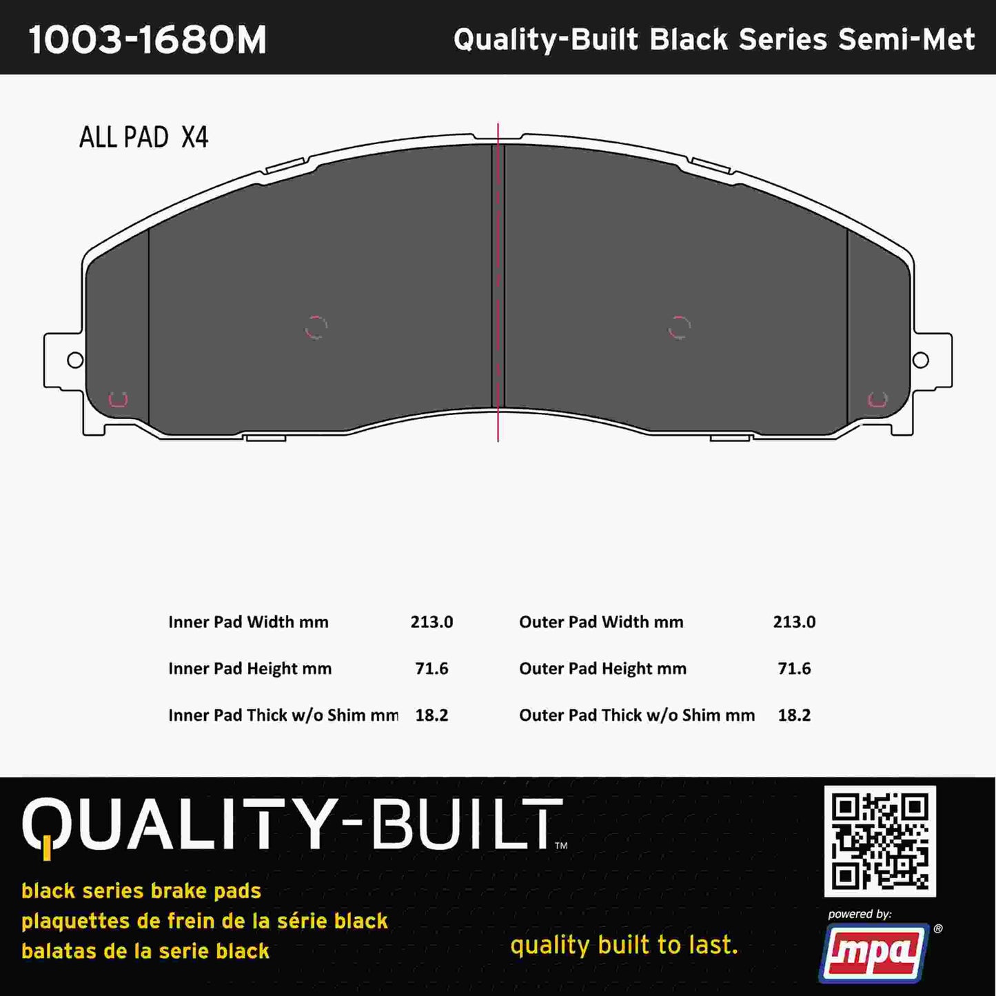 Quality-Built Black Series Semi-Metallic Brake Pads 1003-1680M