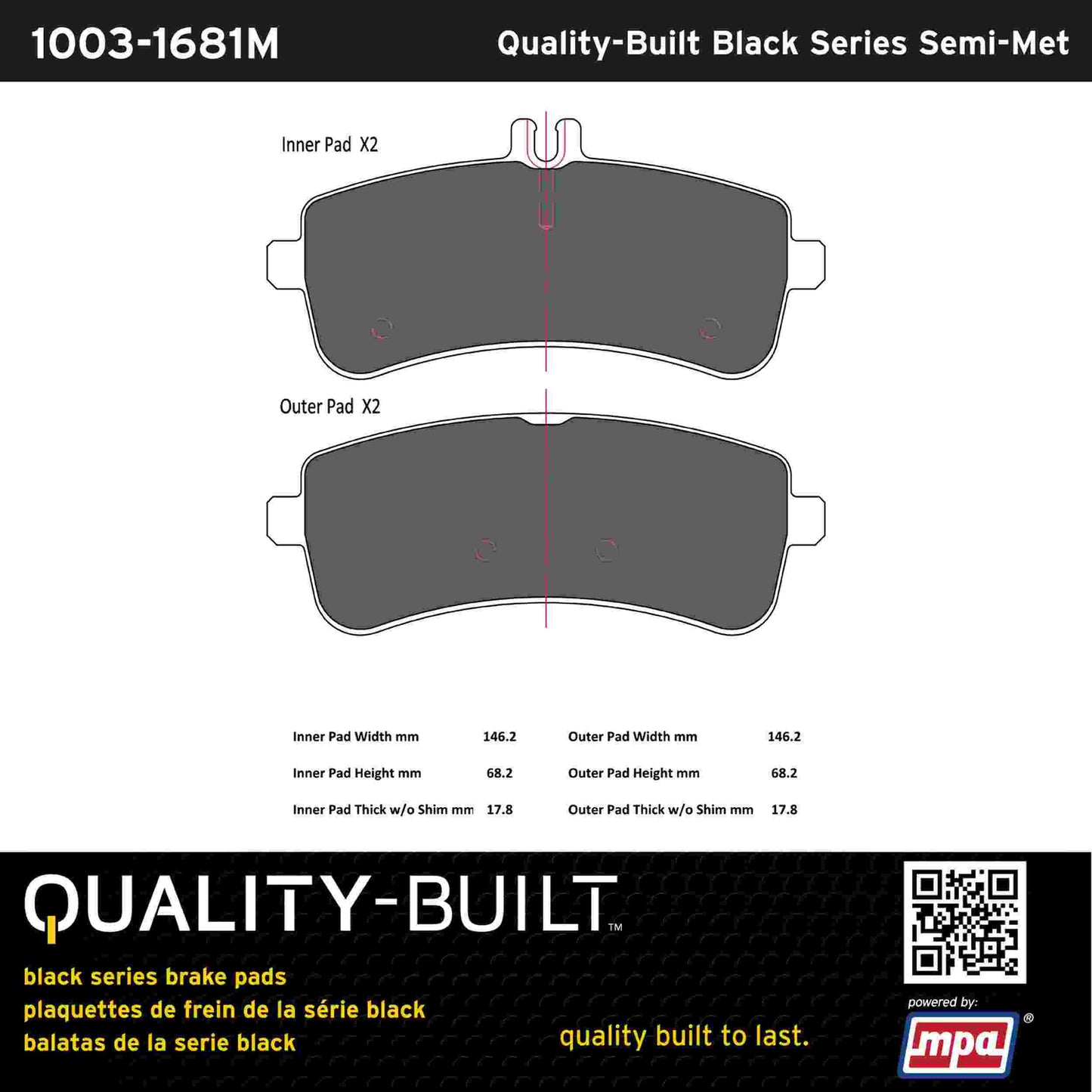 Quality-Built Black Series Semi-Metallic Brake Pads 1003-1681M