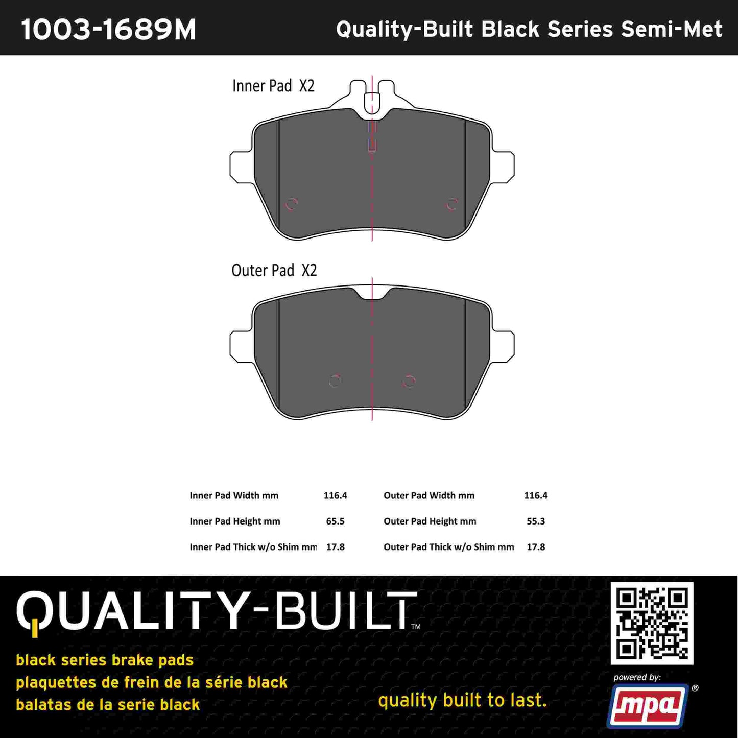 Quality-Built Black Series Semi-Metallic Brake Pads 1003-1689M