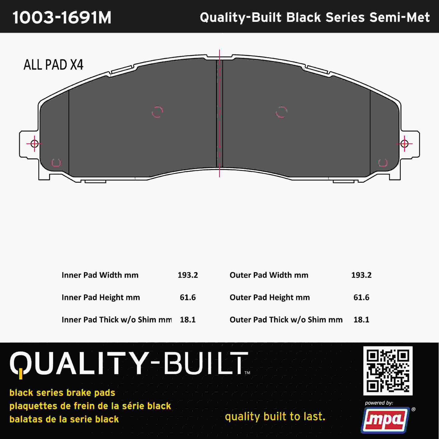 Quality-Built Black Series Semi-Metallic Brake Pads 1003-1691M