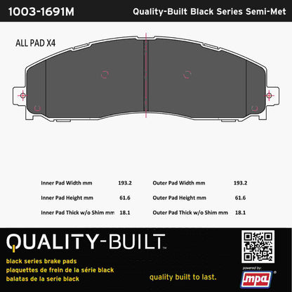 Quality-Built Black Series Semi-Metallic Brake Pads 1003-1691M