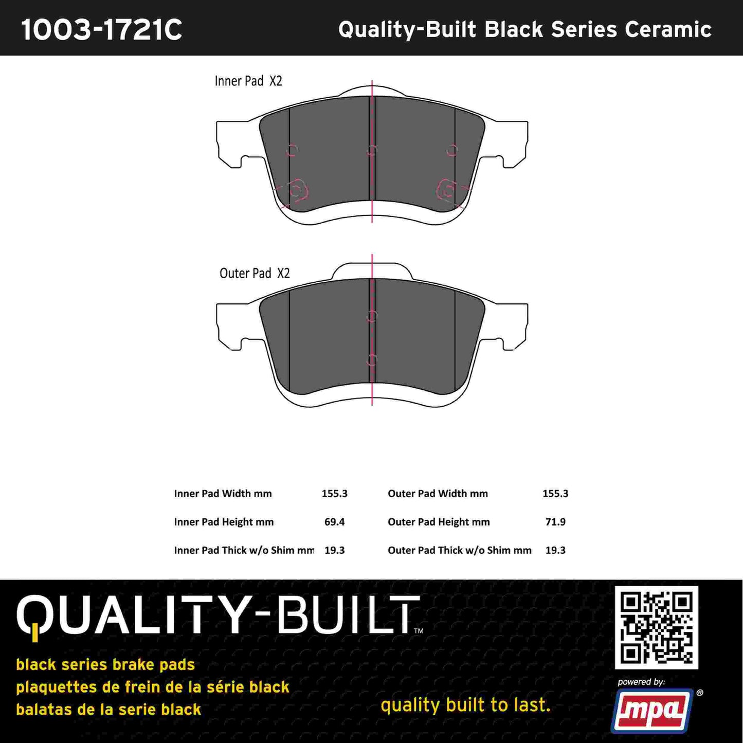 Quality-Built Black Series Ceramic Brake Pads 1003-1721C