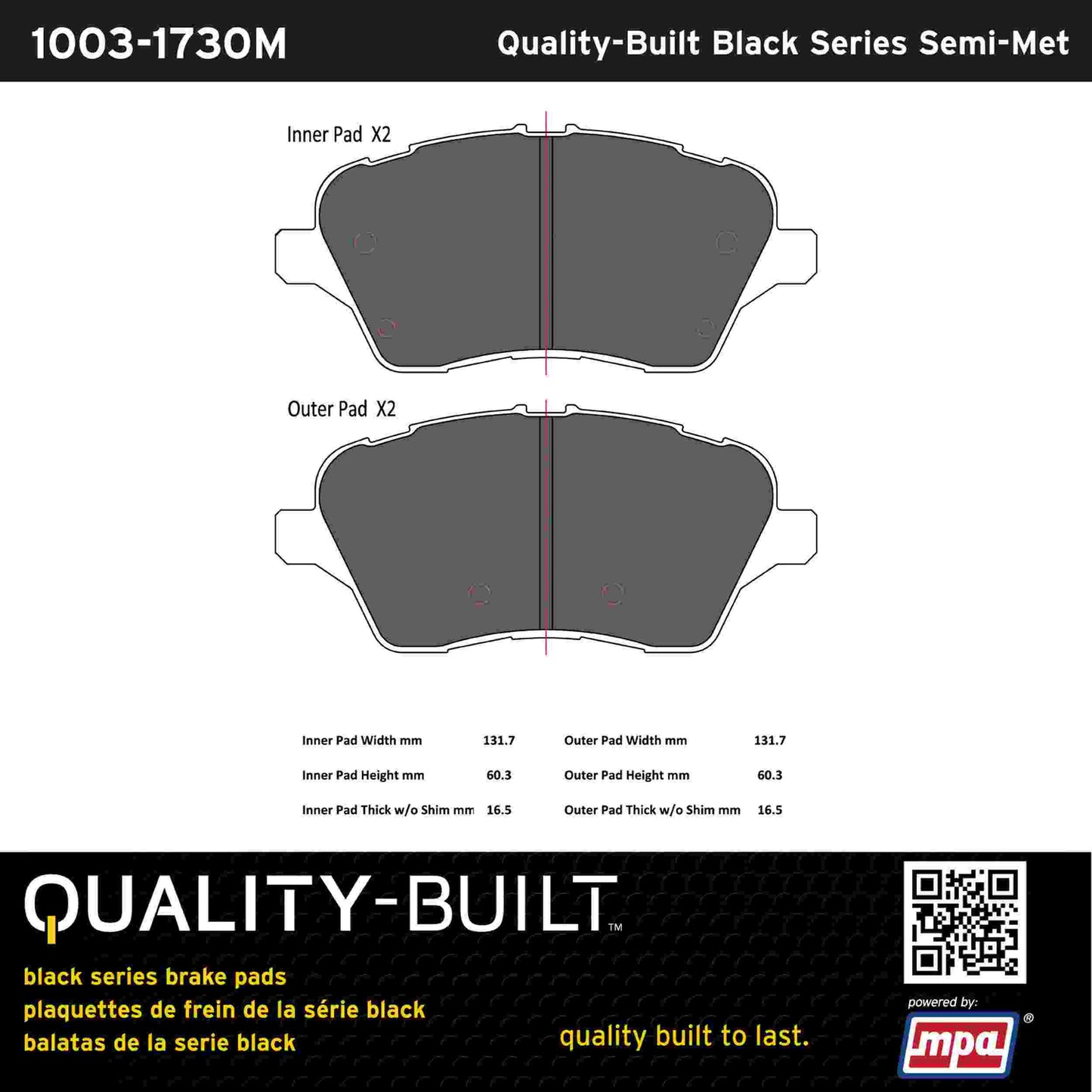 Quality-Built Black Series Semi-Metallic Brake Pads 1003-1730M