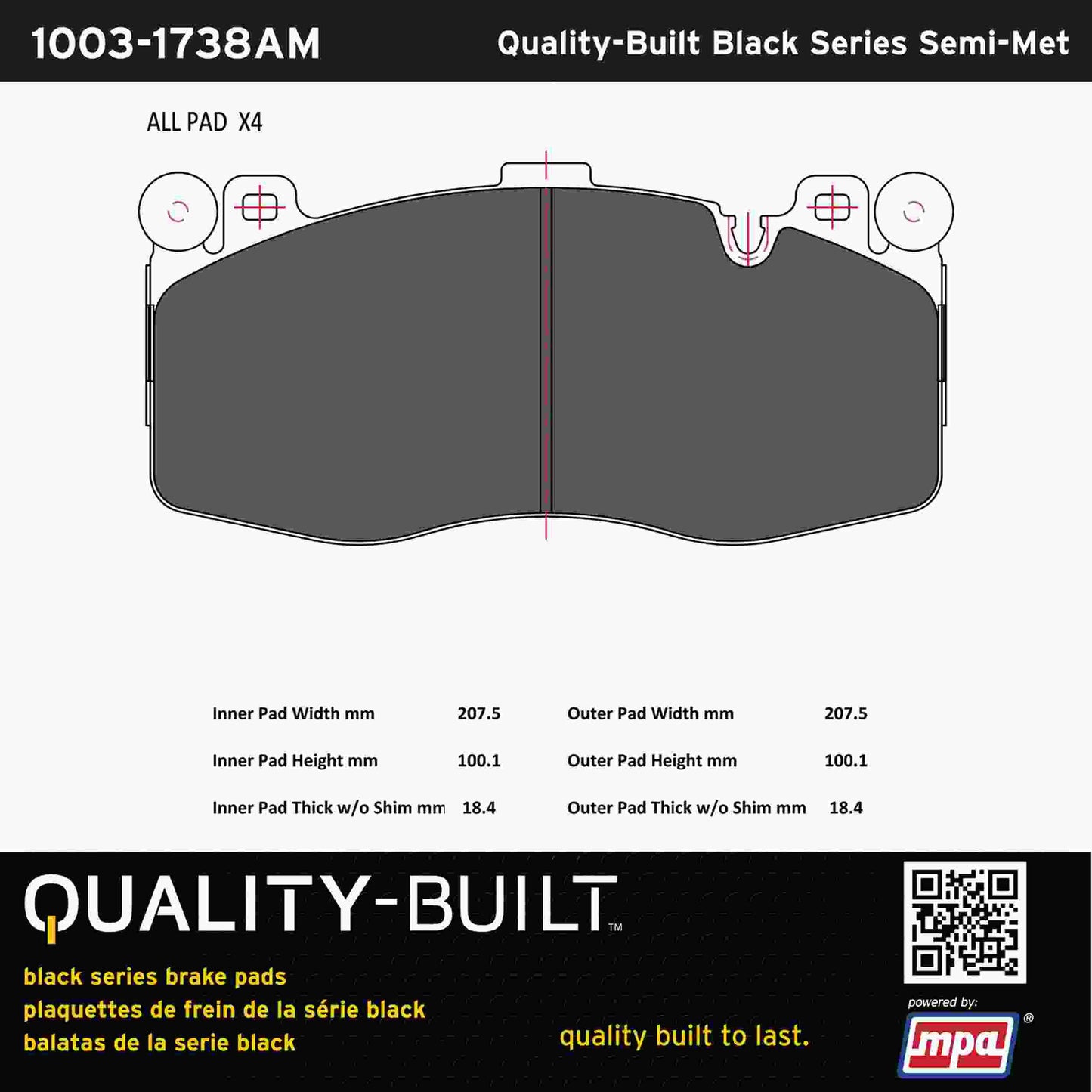 Quality-Built Black Series Semi-Metallic Brake Pads 1003-1738AM