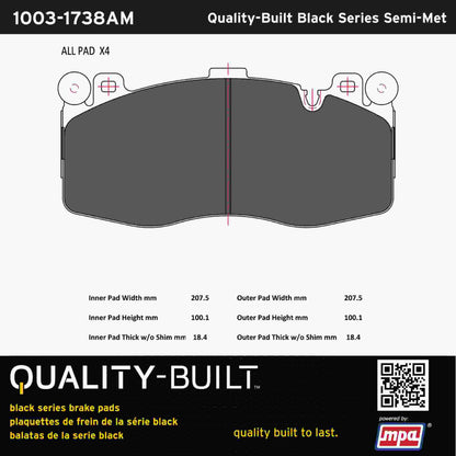 Quality-Built Black Series Semi-Metallic Brake Pads 1003-1738AM