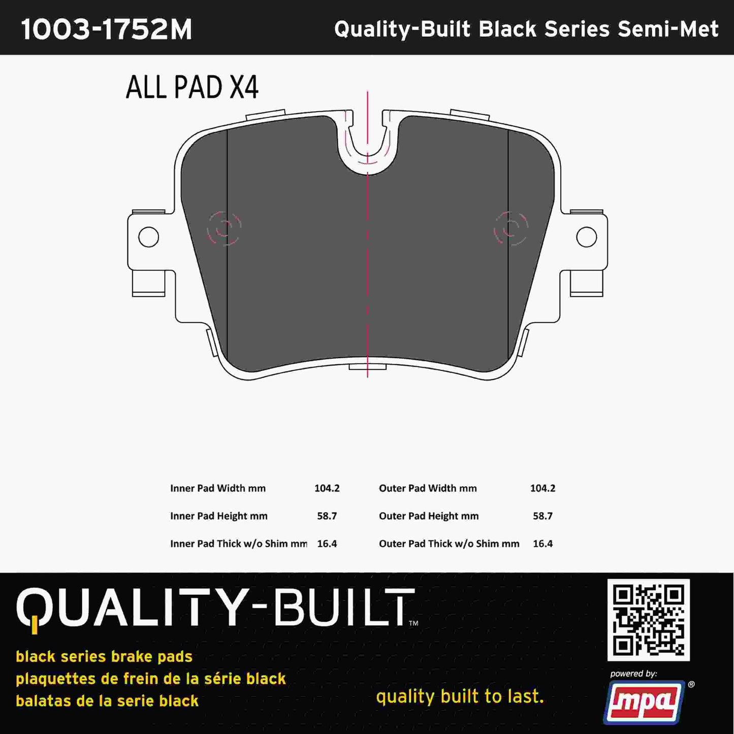 Quality-Built Black Series Semi-Metallic Brake Pads 1003-1752M