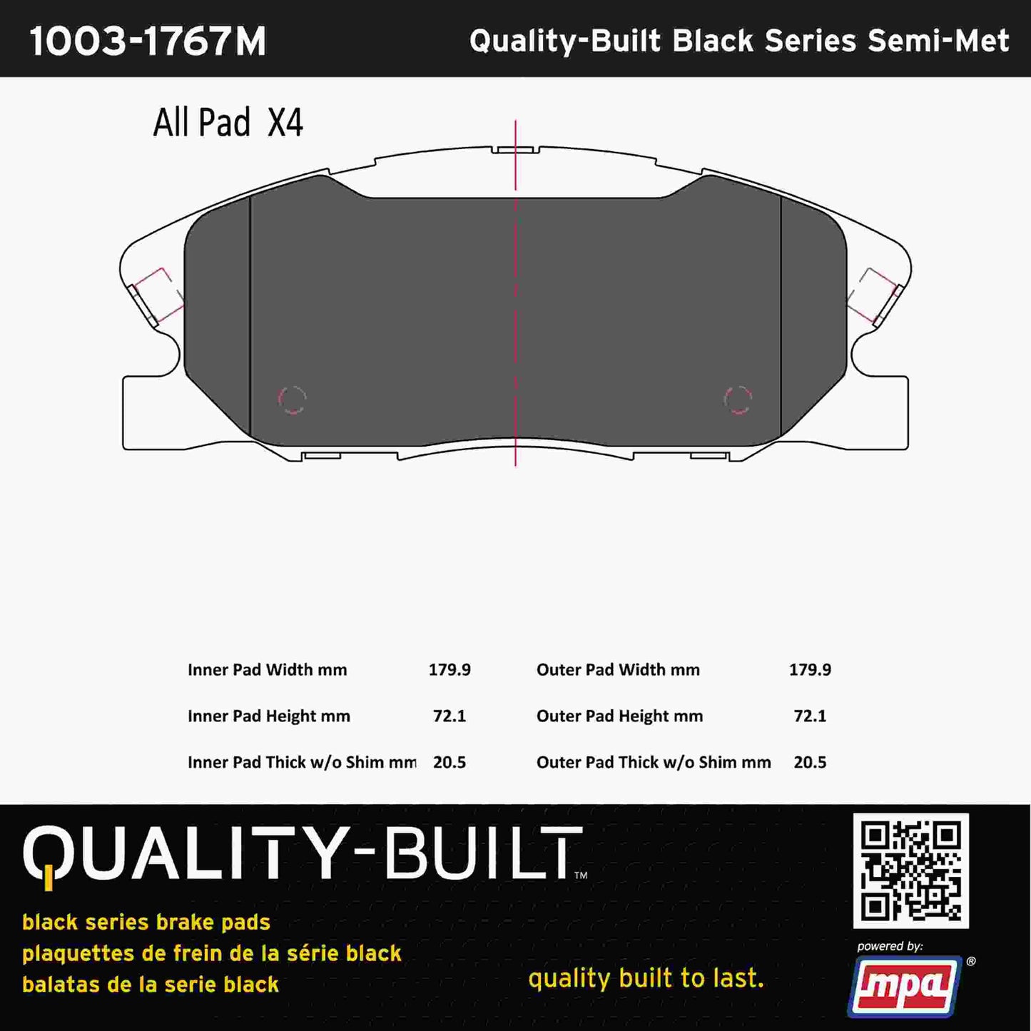 Quality-Built Black Series Semi-Metallic Brake Pads 1003-1767M