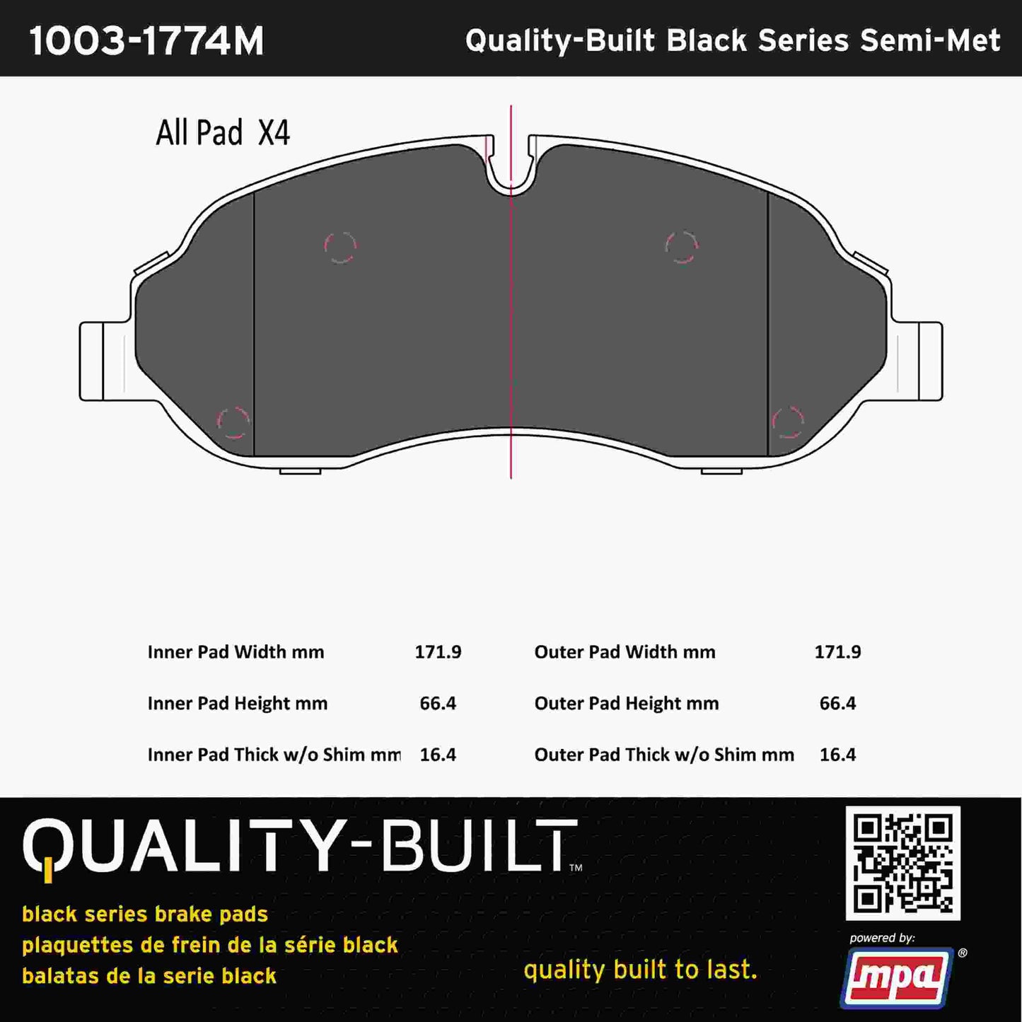 Quality-Built Black Series Semi-Metallic Brake Pads 1003-1774M