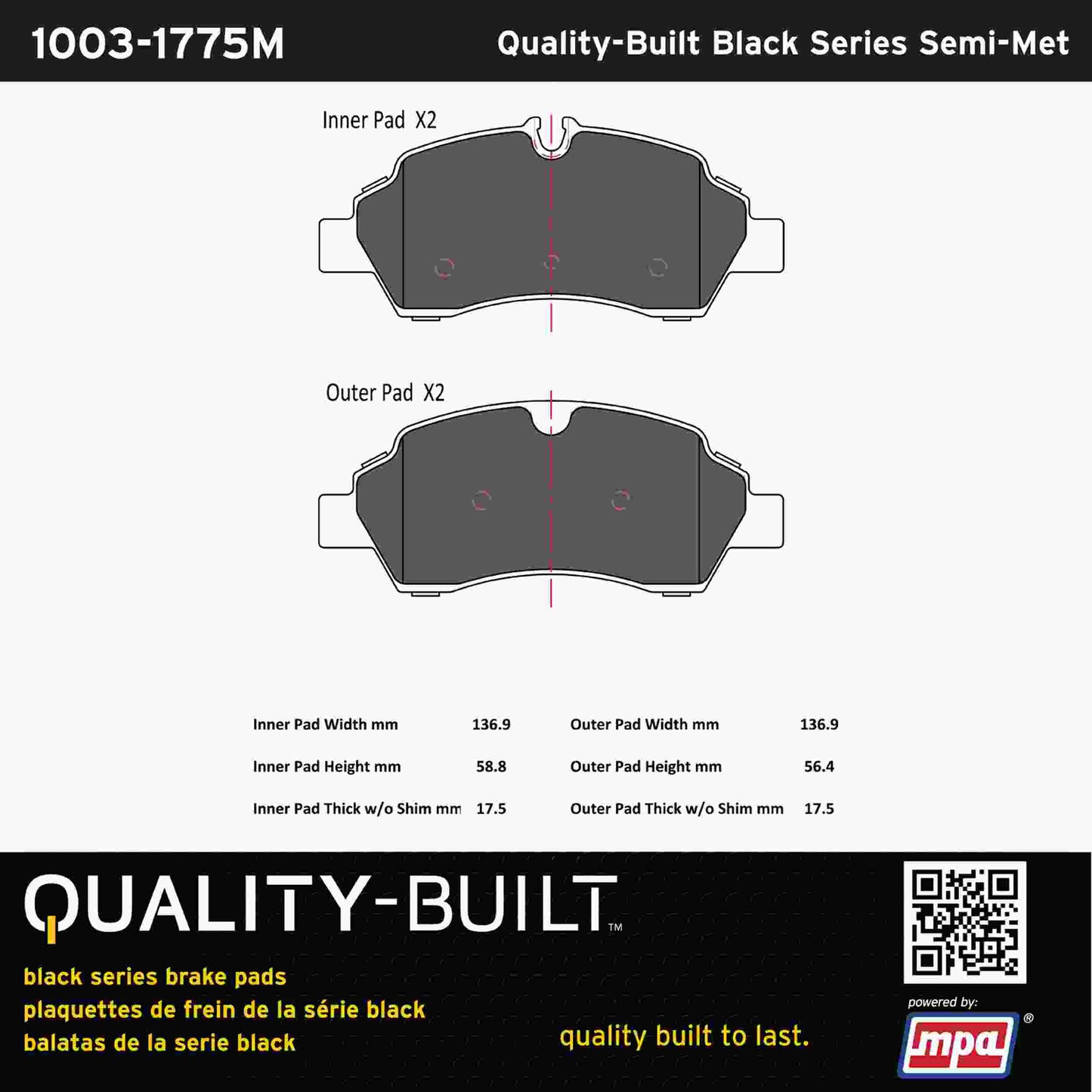 Quality-Built Black Series Semi-Metallic Brake Pads 1003-1775M