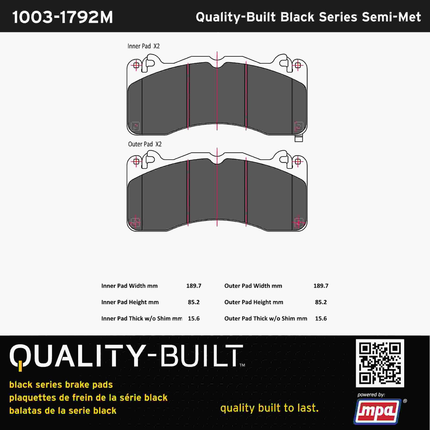 Quality-Built Black Series Semi-Metallic Brake Pads 1003-1792M