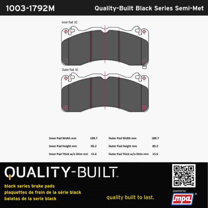 Quality-Built Black Series Semi-Metallic Brake Pads 1003-1792M