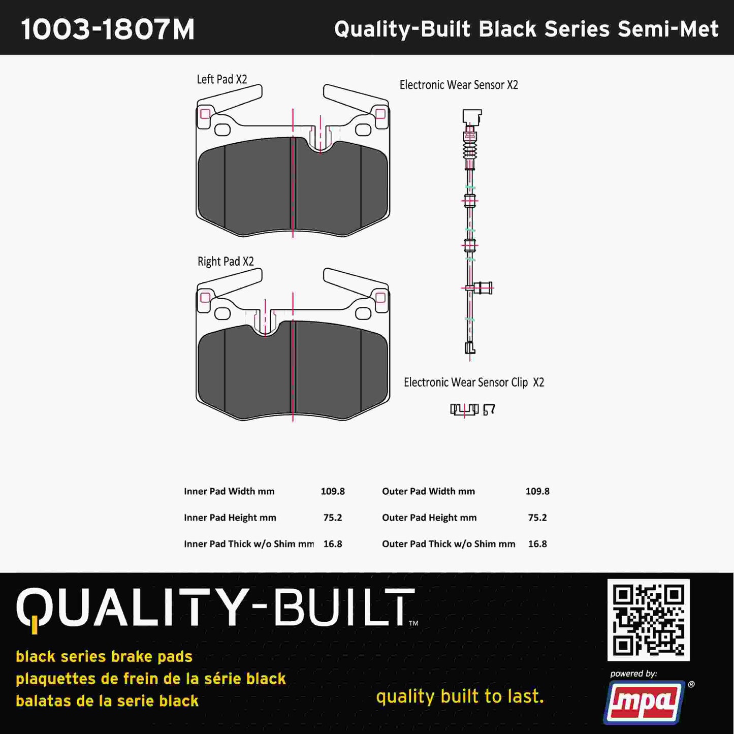 Quality-Built Black Series Semi-Metallic Brake Pads 1003-1807M